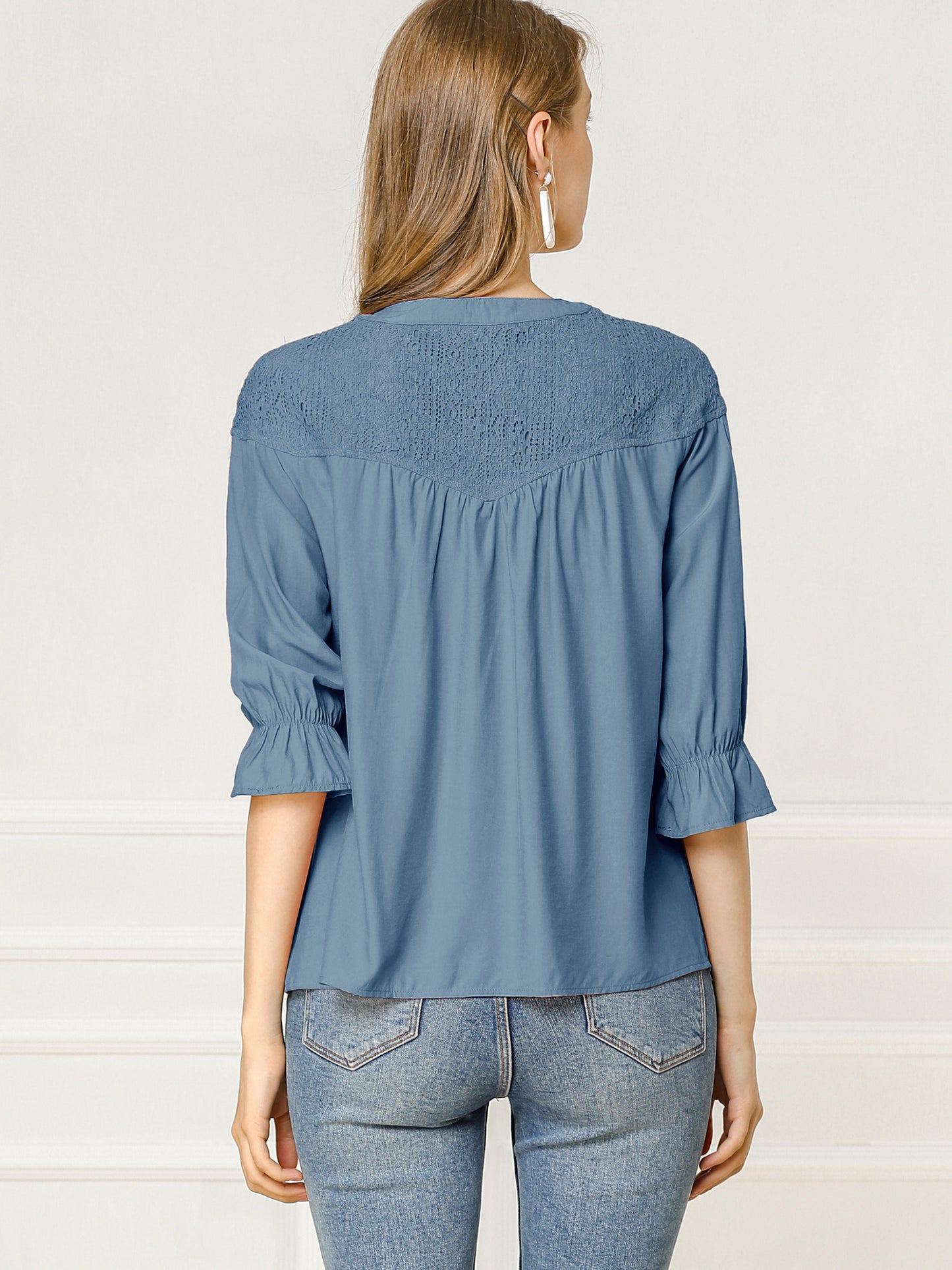 Women's Lace Panel 3/4 Sleeve Round Neck Button Down Blouse