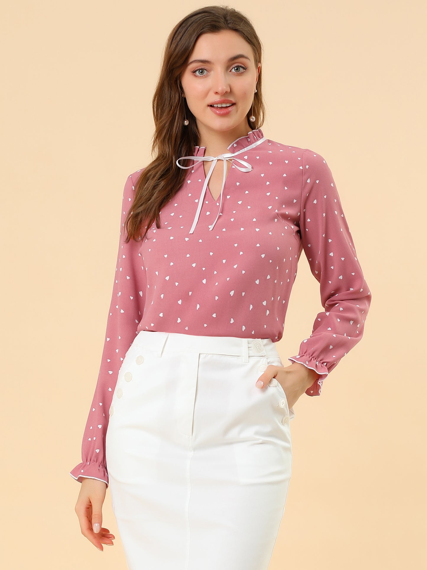Women's Bow Tie Neck Blouse Ruffled Collar Printed Long Sleeve Top
