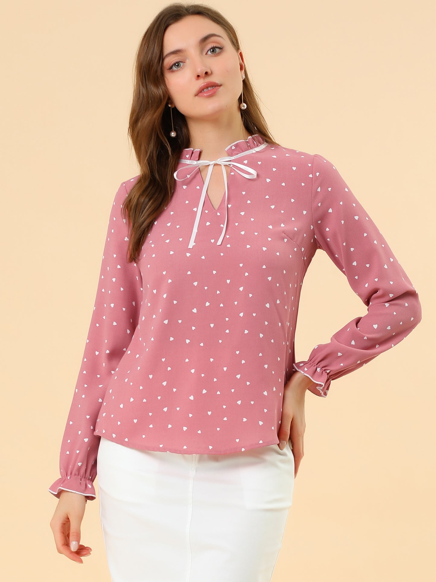 Women's Bow Tie Neck Blouse Ruffled Collar Printed Long Sleeve Top