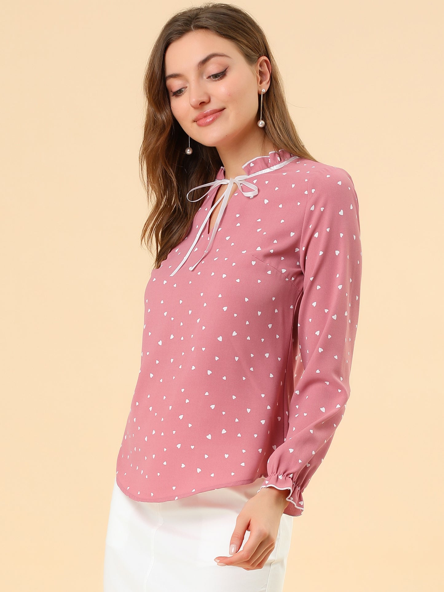 Women's Bow Tie Neck Blouse Ruffled Collar Printed Long Sleeve Top