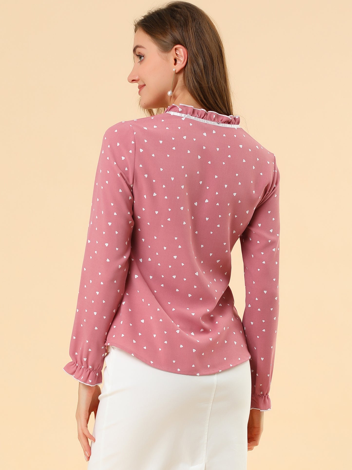 Women's Bow Tie Neck Blouse Ruffled Collar Printed Long Sleeve Top