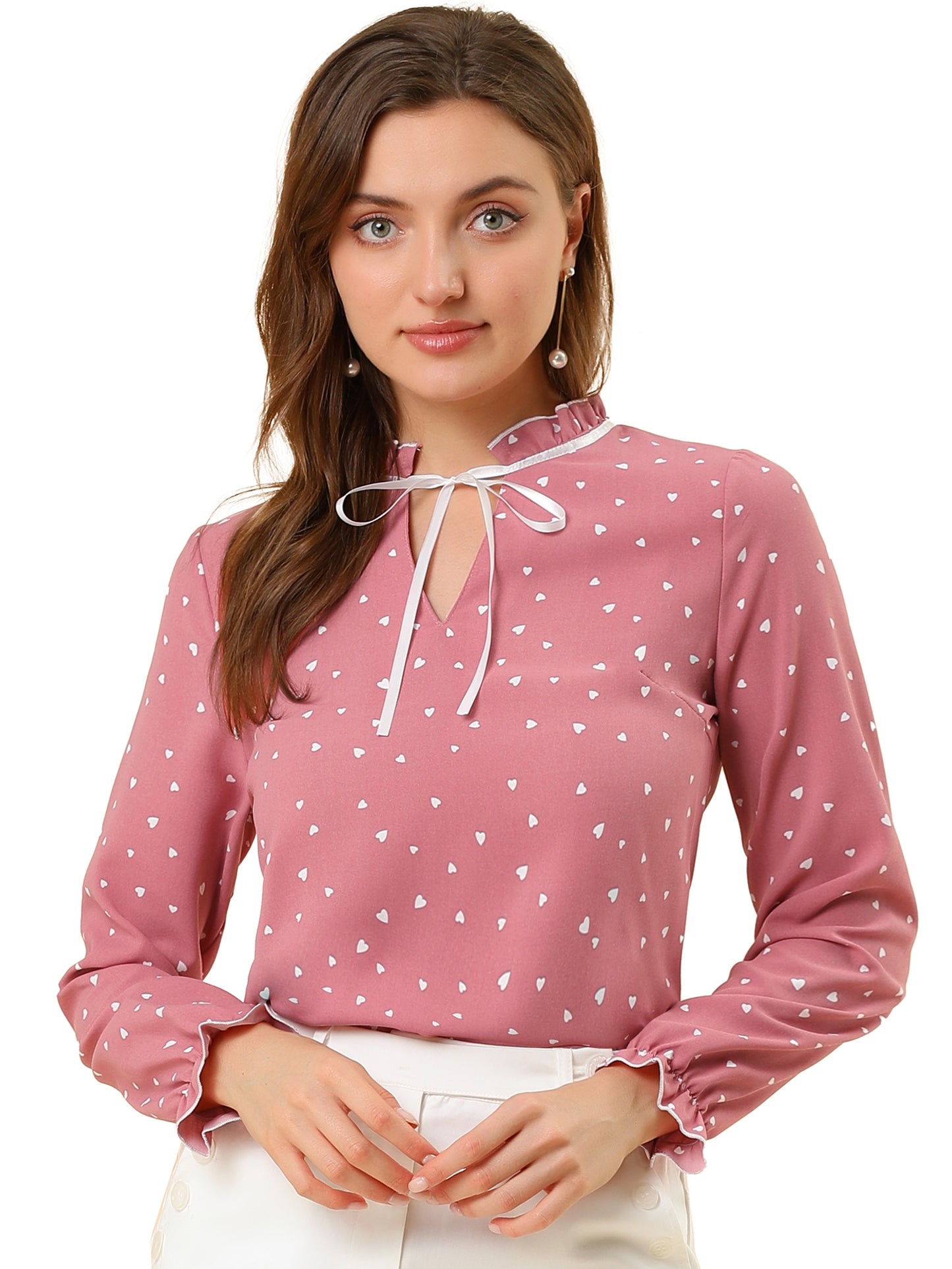 Women's Bow Tie Neck Blouse Ruffled Collar Printed Long Sleeve Top