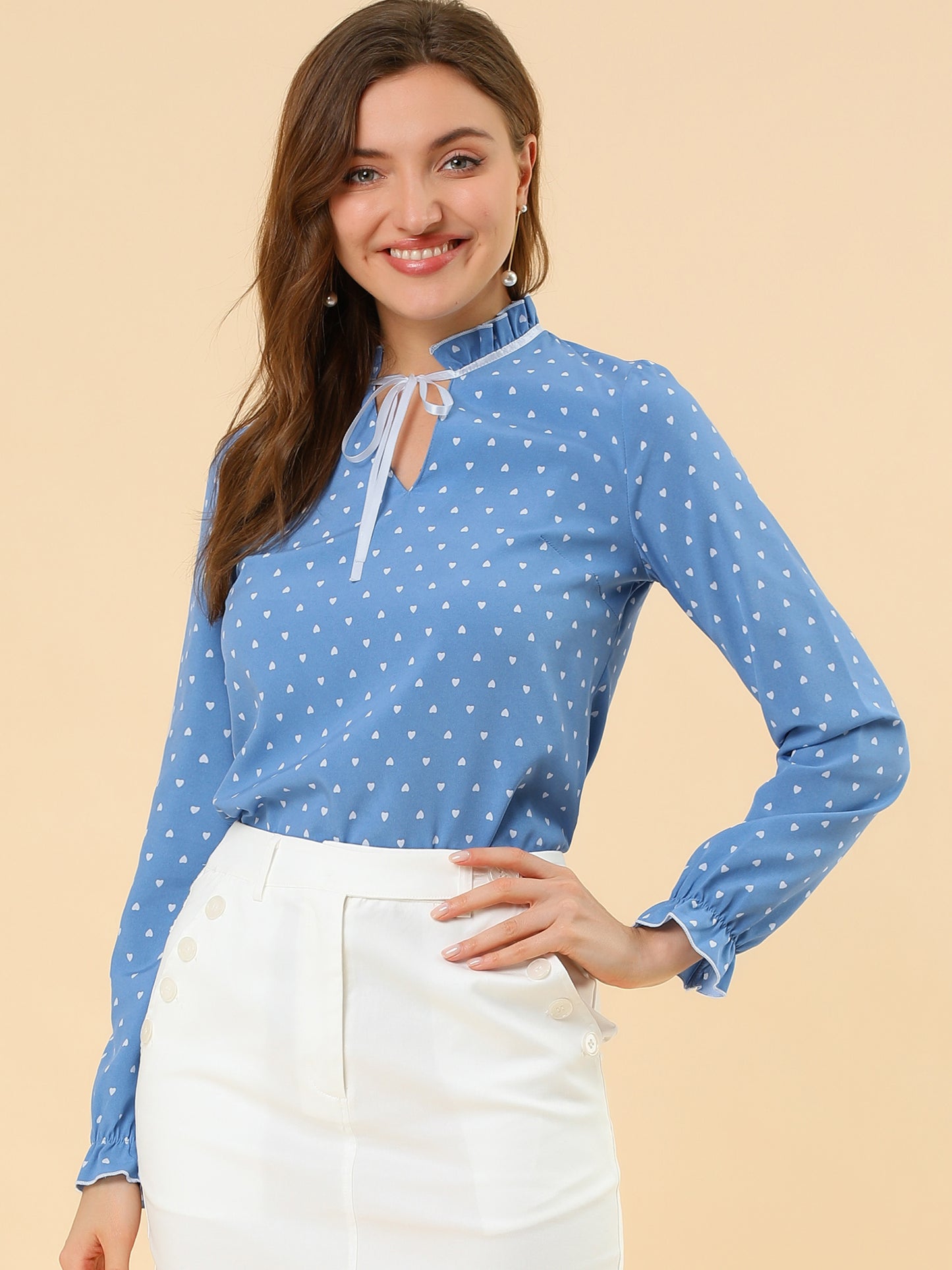 Women's Bow Tie Neck Blouse Ruffled Collar Printed Long Sleeve Top