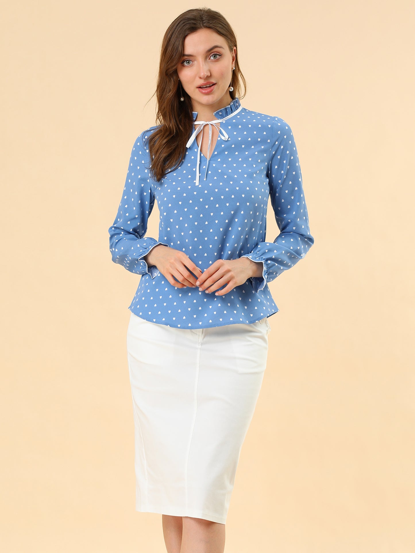 Women's Bow Tie Neck Blouse Ruffled Collar Printed Long Sleeve Top