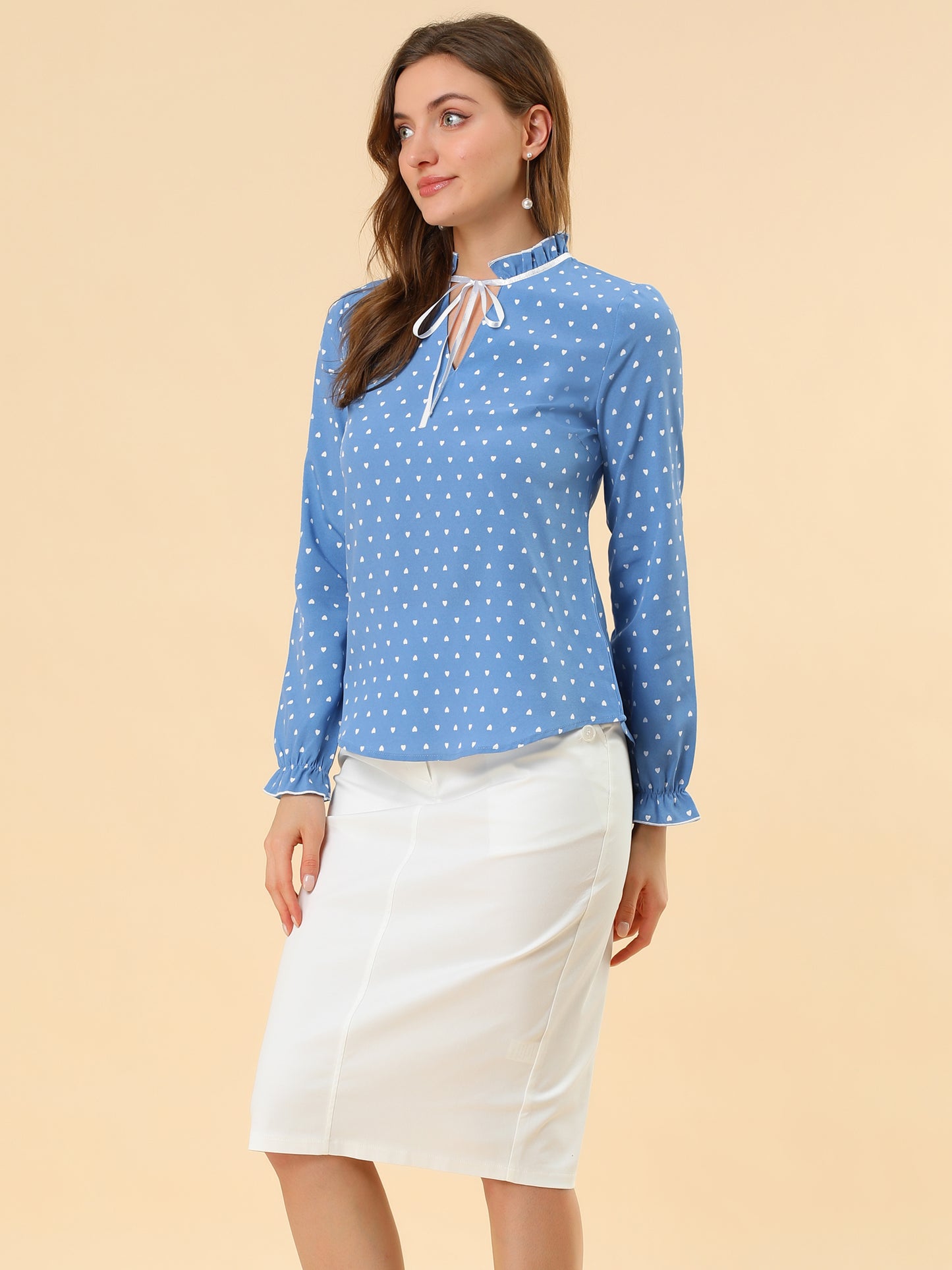 Women's Bow Tie Neck Blouse Ruffled Collar Printed Long Sleeve Top