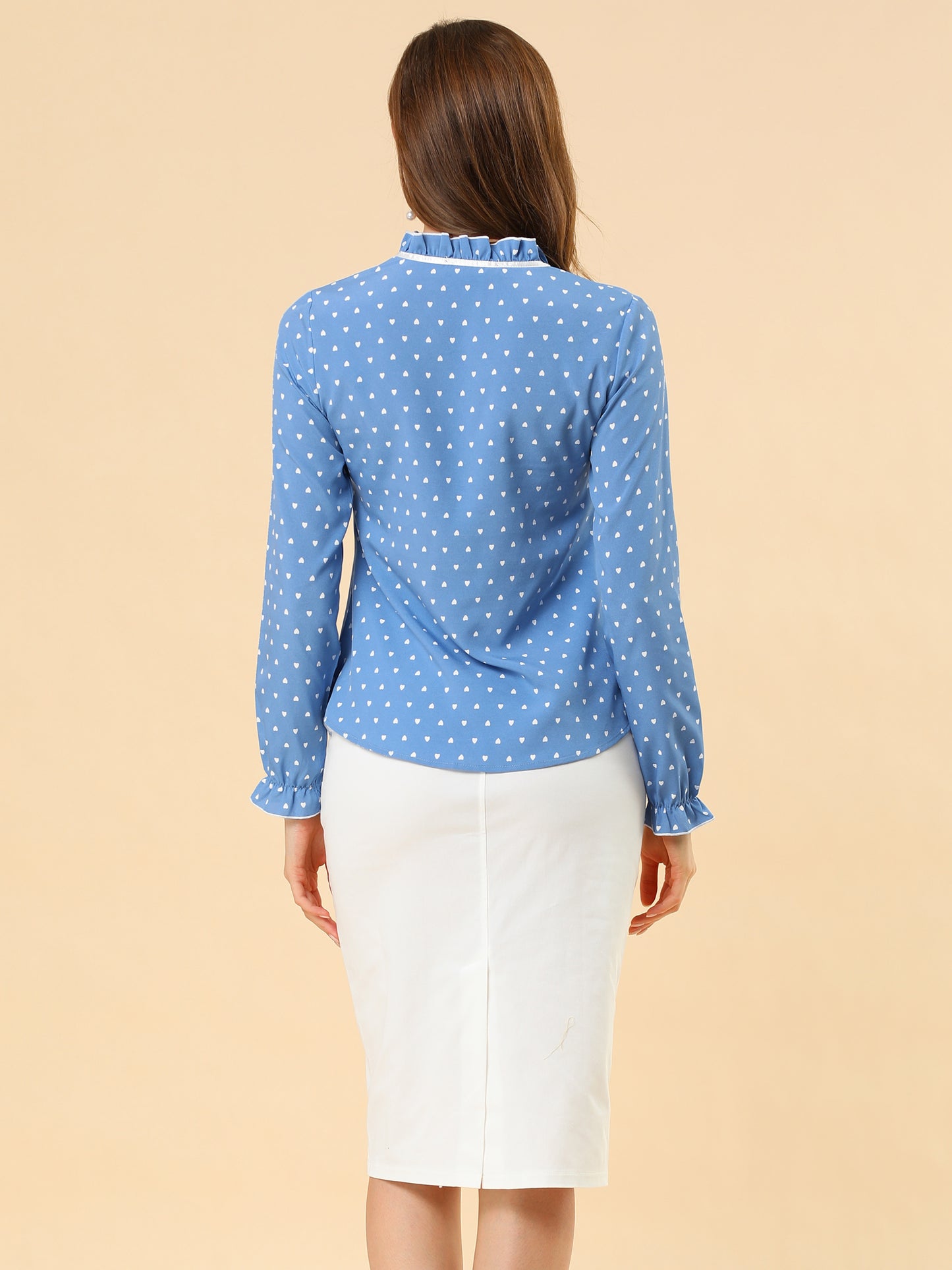 Women's Bow Tie Neck Blouse Ruffled Collar Printed Long Sleeve Top