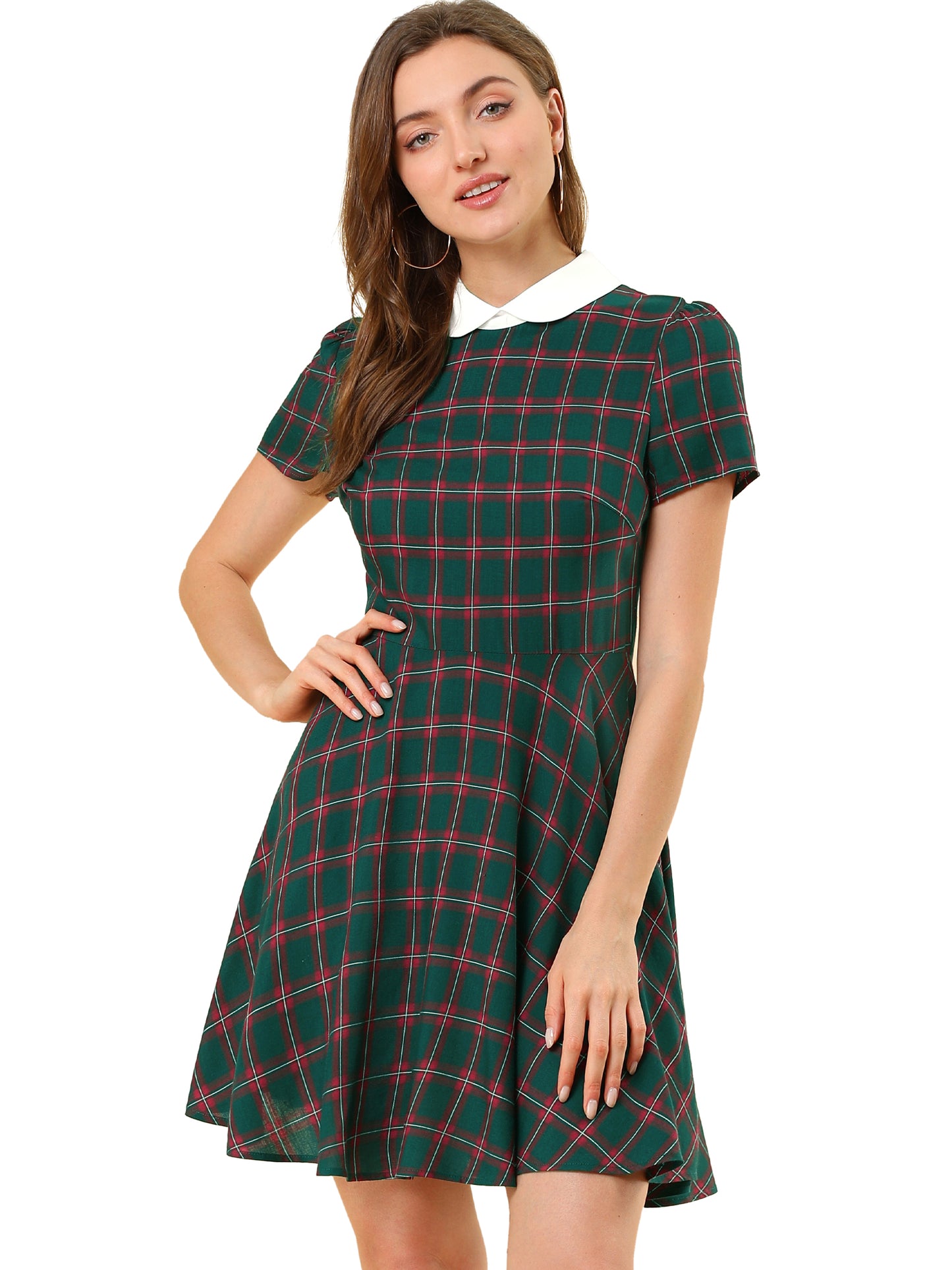 Women Plaids Contrast Peter Pan Collar Puff Sleeves Above Knee Dress