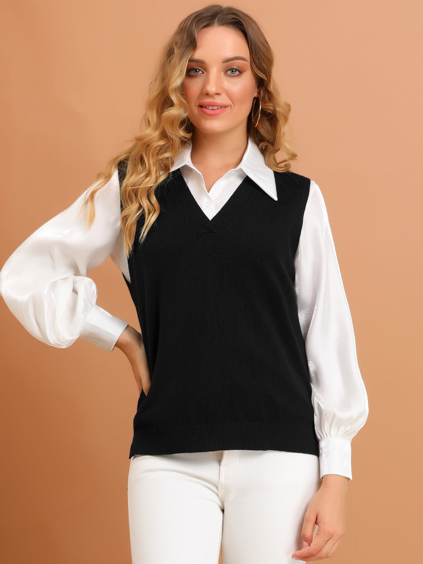 Women's V Neck Sweater Vest Knit Pullover Sleeveless Sweater Top