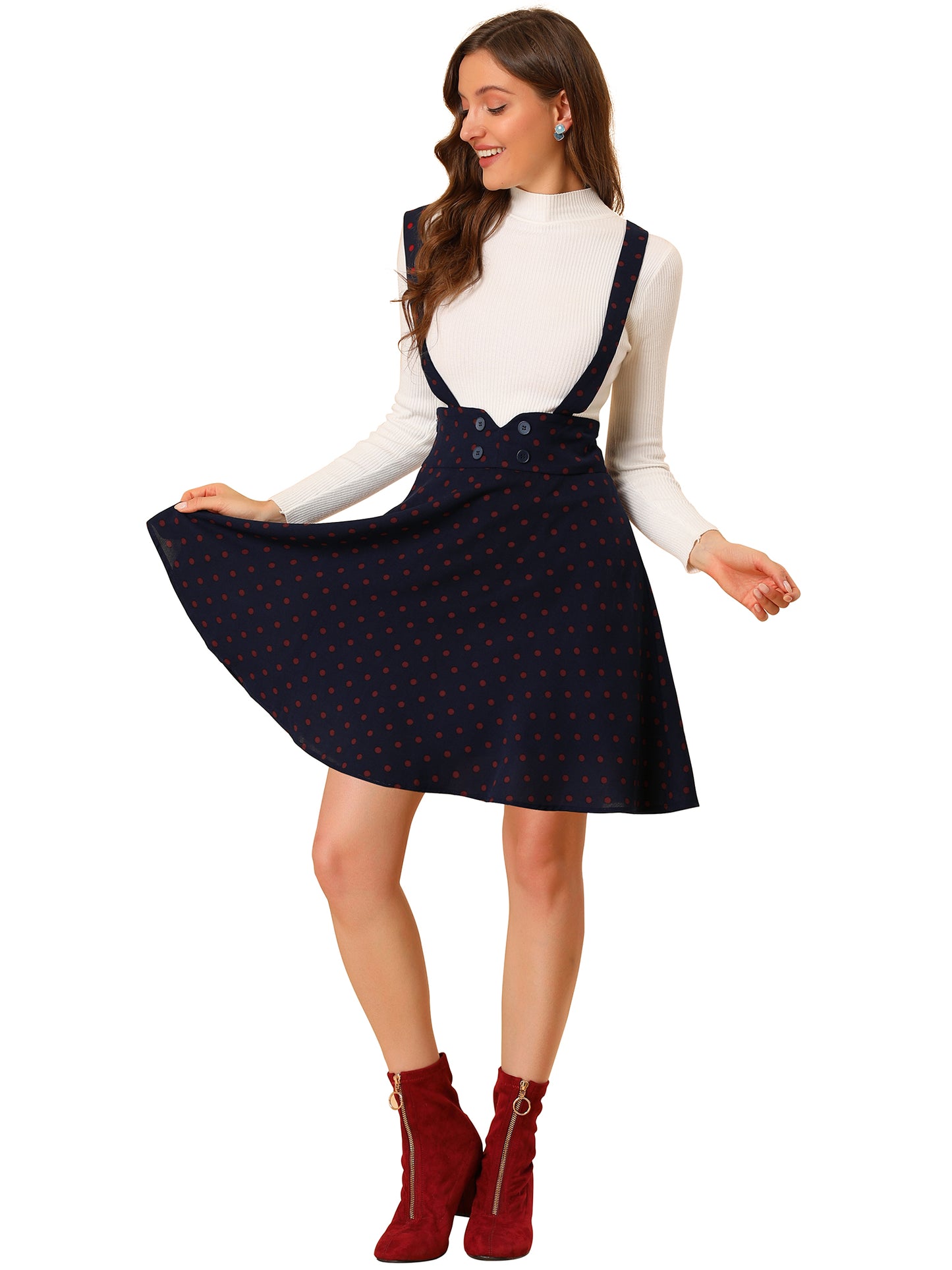Womens High Waist Flared Skater Pinafore Overalls Polka Dots Suspender Skirts