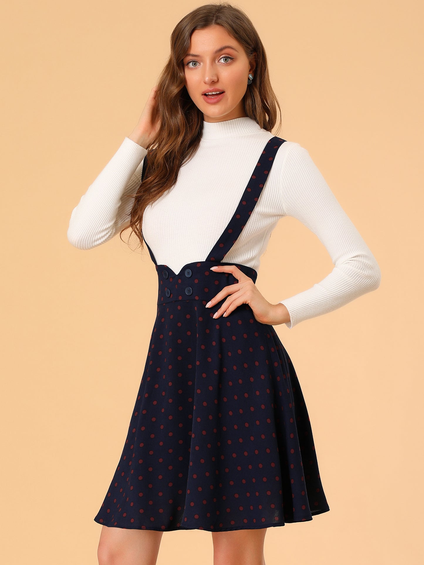 Womens High Waist Flared Skater Pinafore Overalls Polka Dots Suspender Skirts