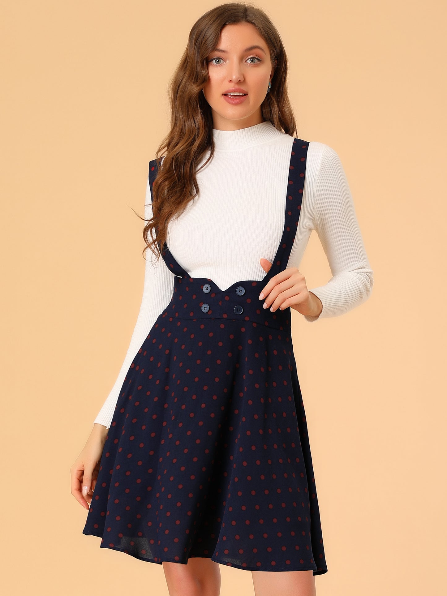 Womens High Waist Flared Skater Pinafore Overalls Polka Dots Suspender Skirts