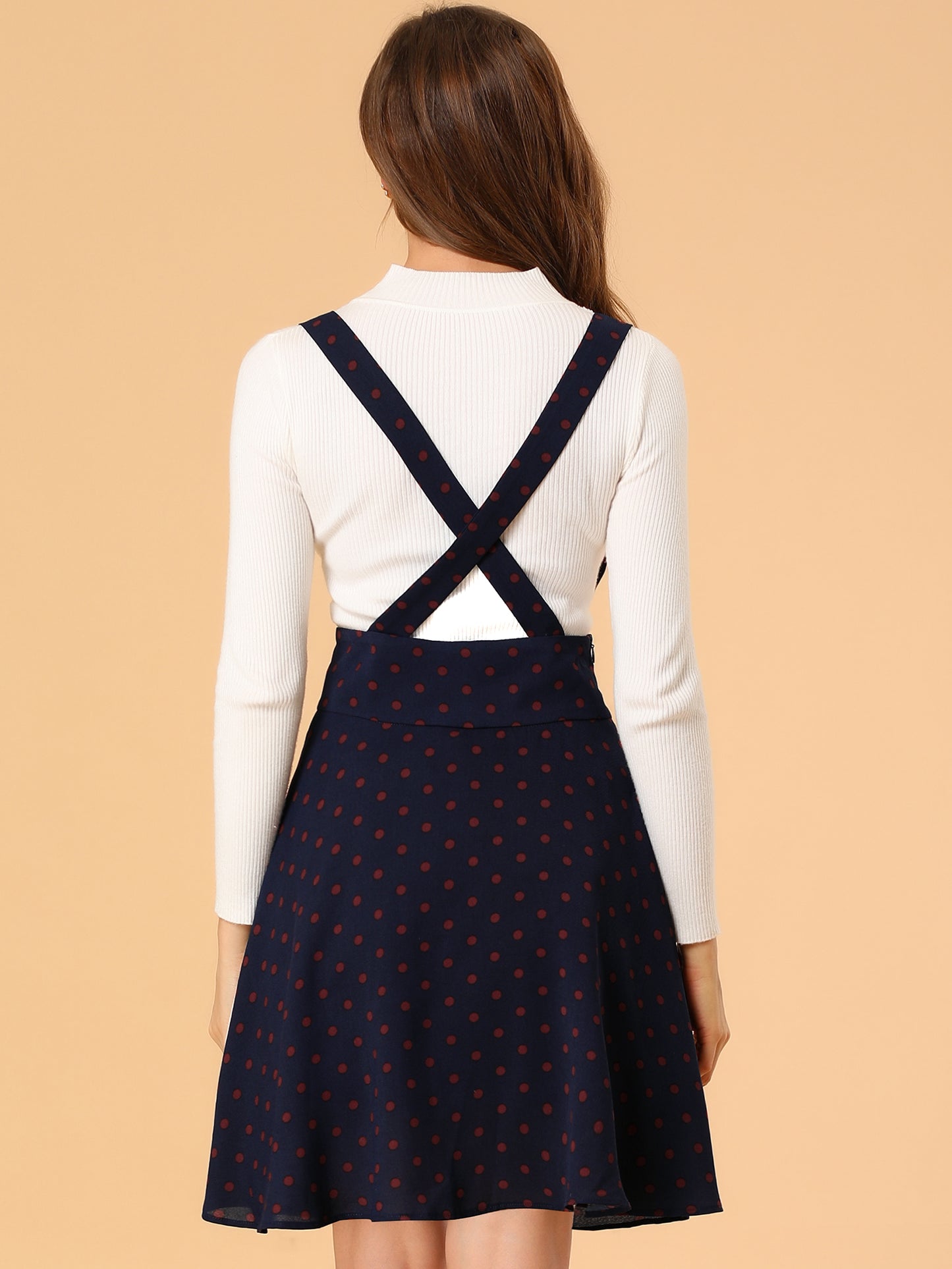 Womens High Waist Flared Skater Pinafore Overalls Polka Dots Suspender Skirts