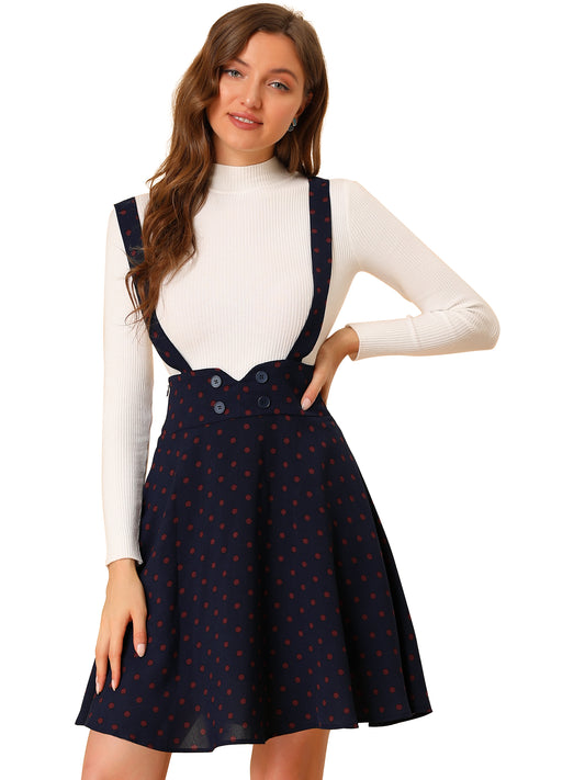 Womens High Waist Flared Skater Pinafore Overalls Polka Dots Suspender Skirts