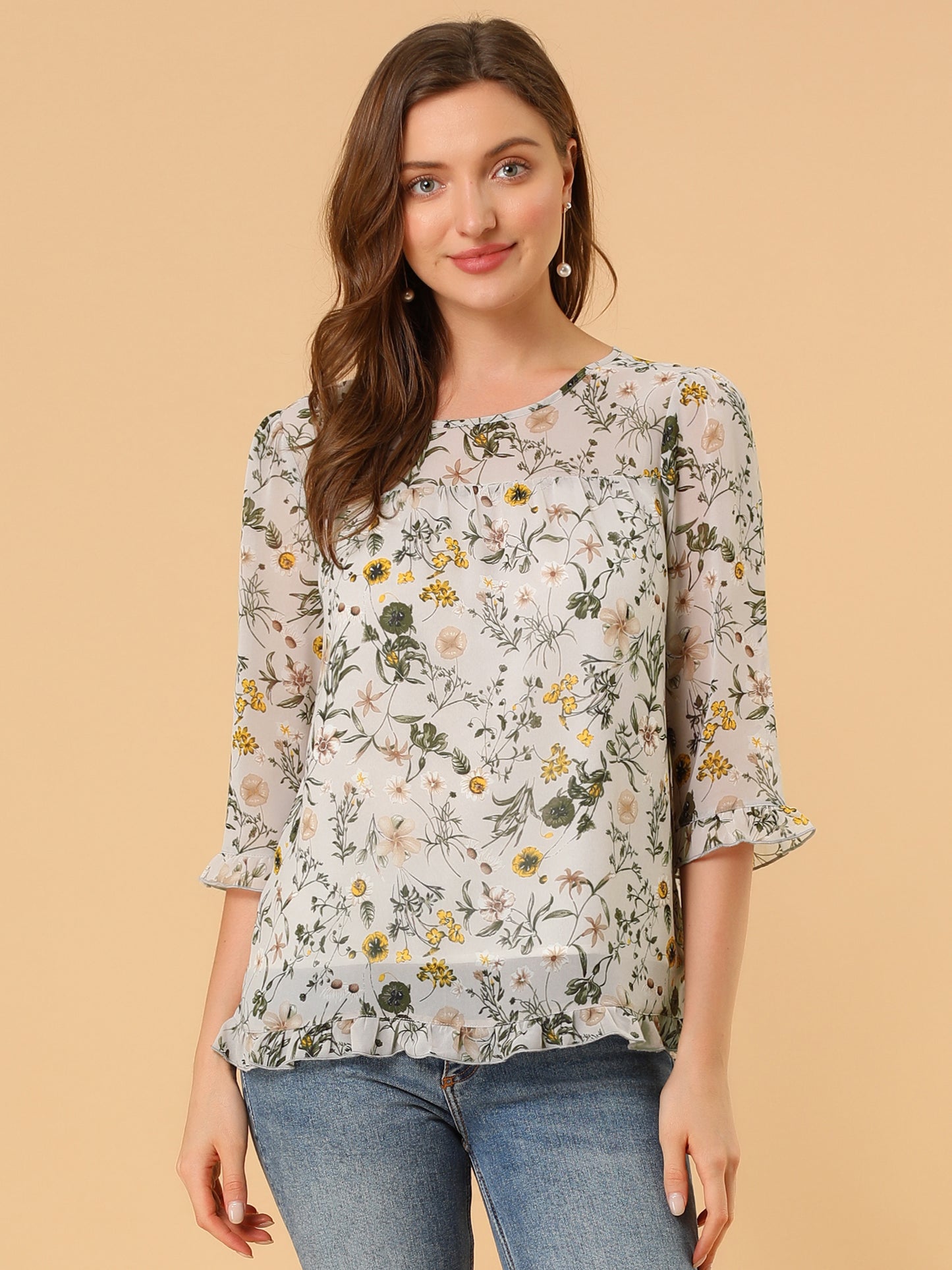 Women's Casual Ruffle 3/4 Sleeve Floral Print Chiffon Blouse