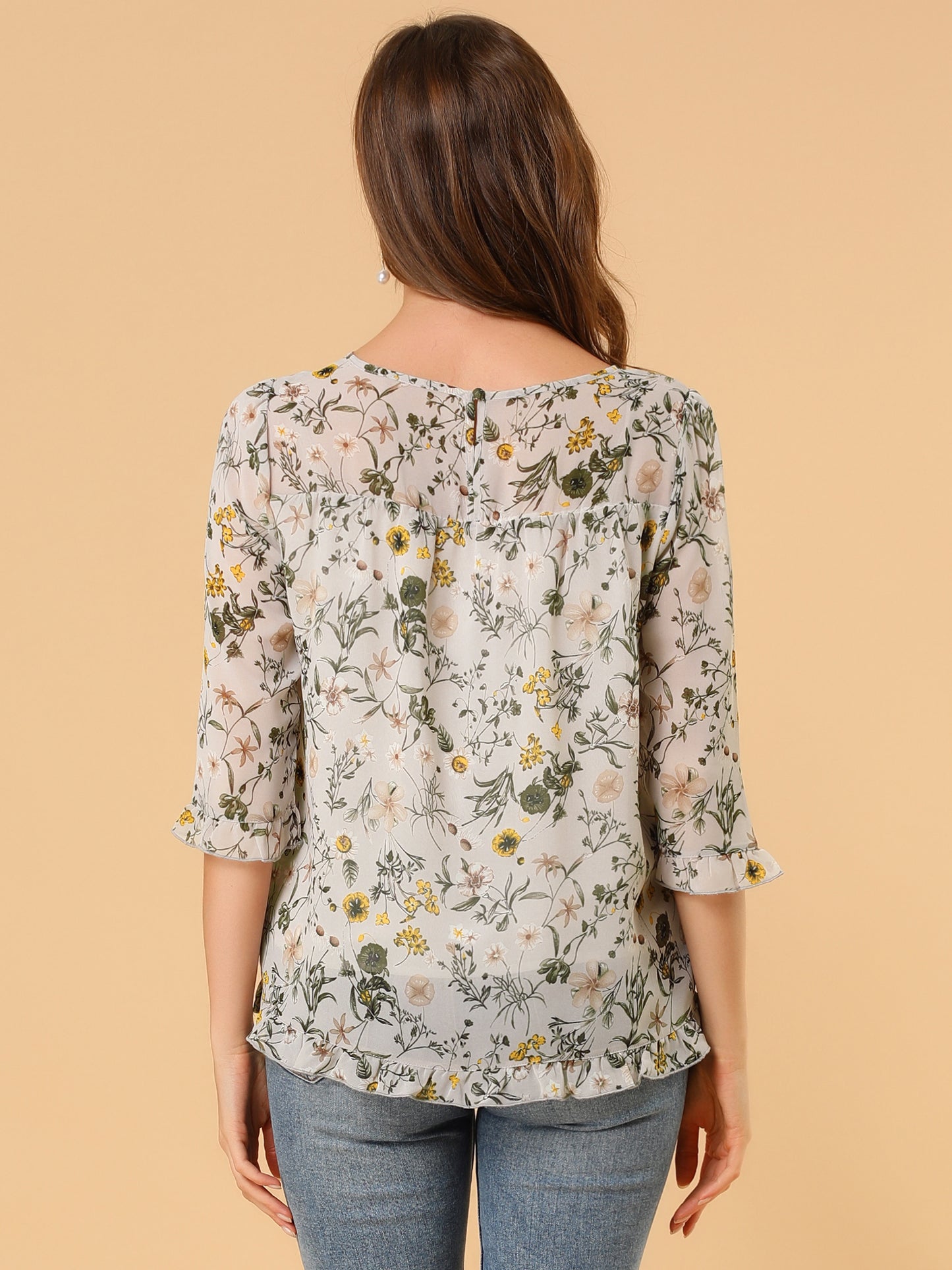 Women's Casual Ruffle 3/4 Sleeve Floral Print Chiffon Blouse