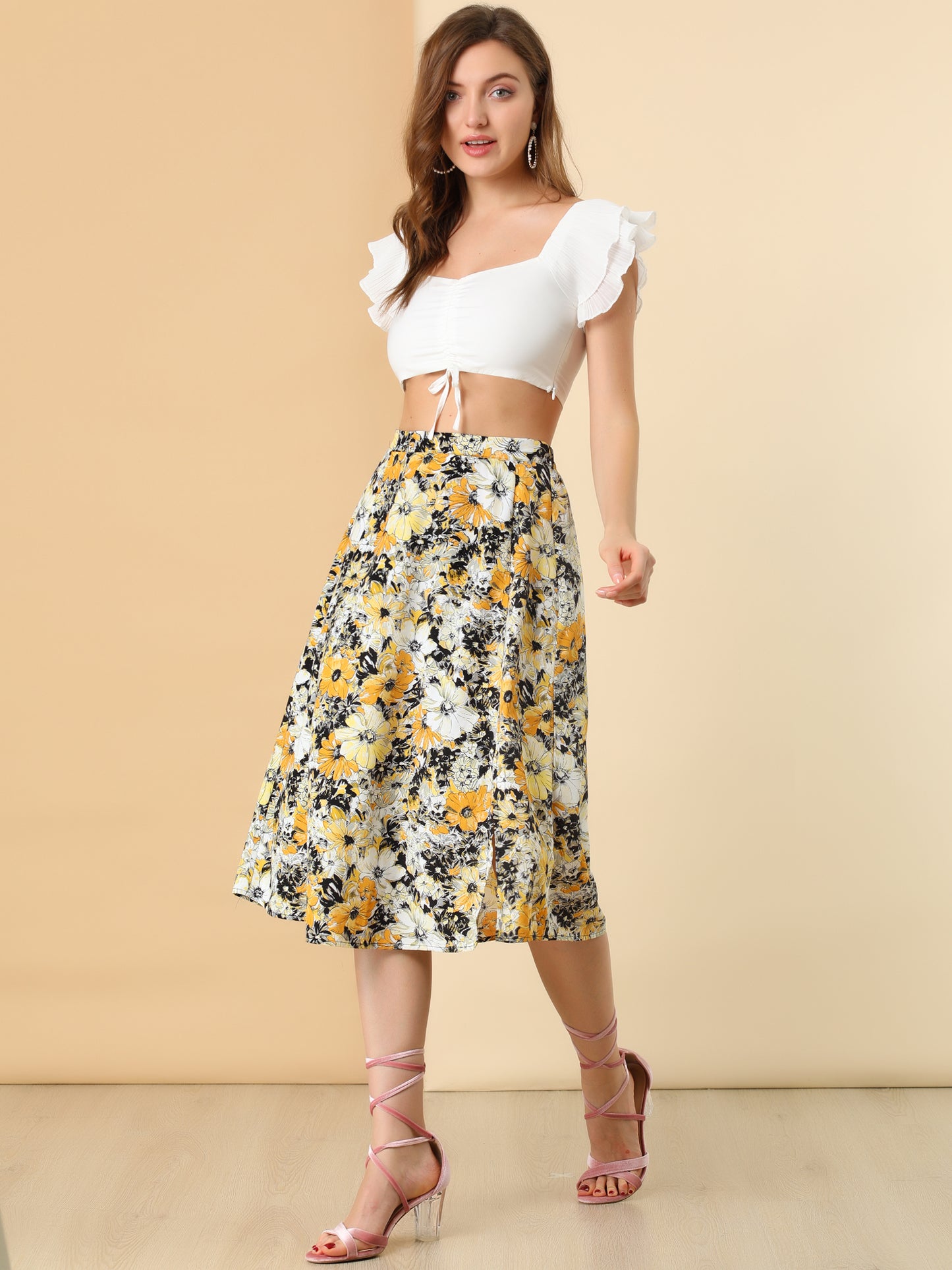 Women's Boho Floral High Waist Split A Line Midi Skirt