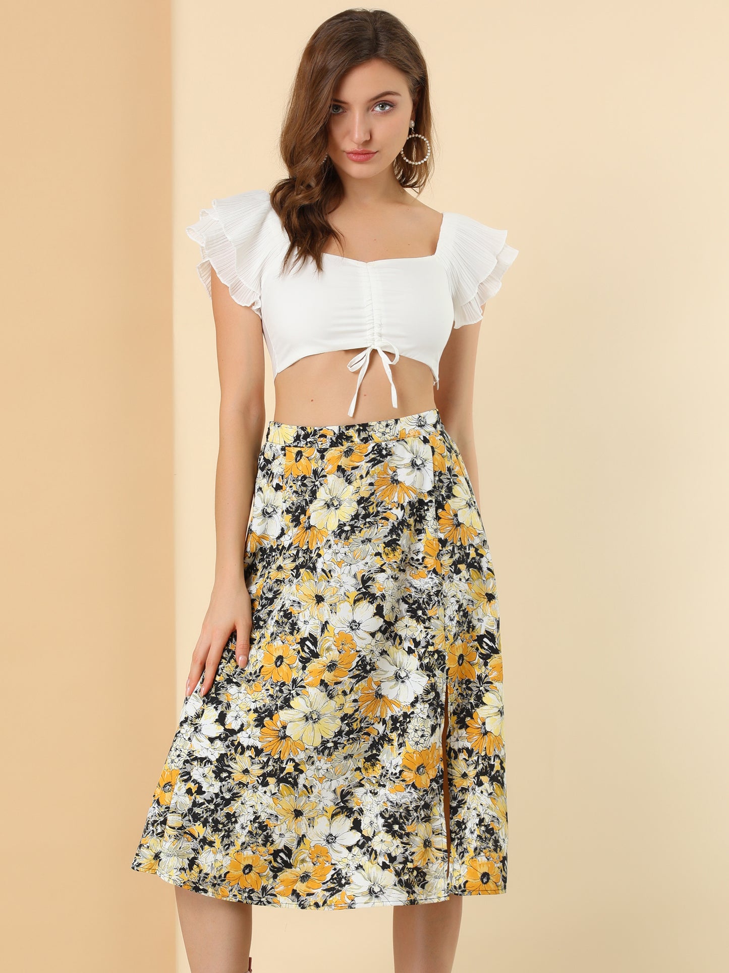 Women's Boho Floral High Waist Split A Line Midi Skirt