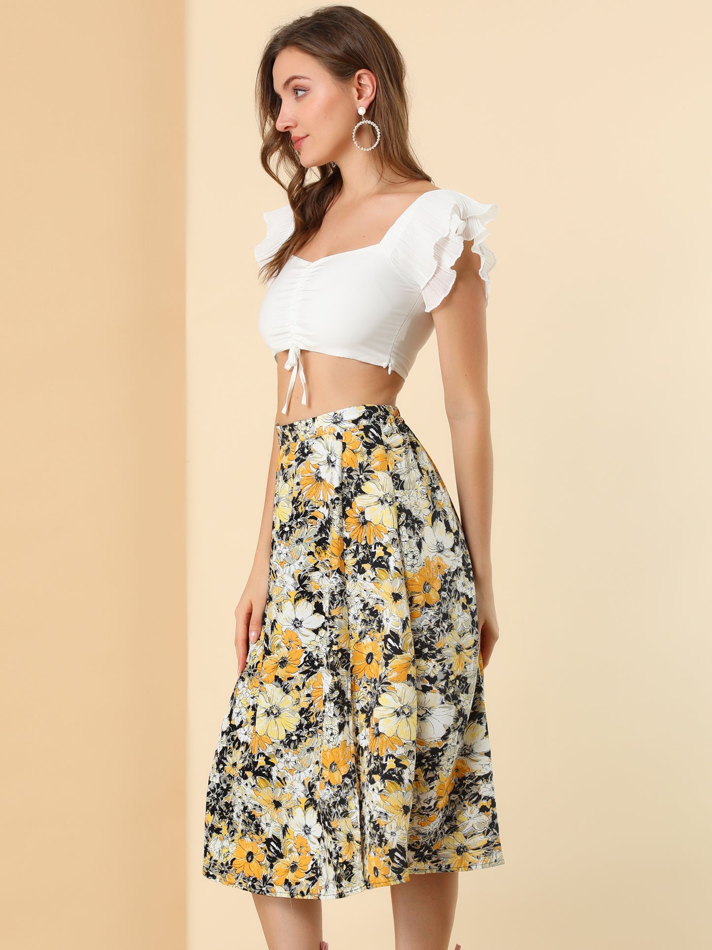 Women's Boho Floral High Waist Split A Line Midi Skirt