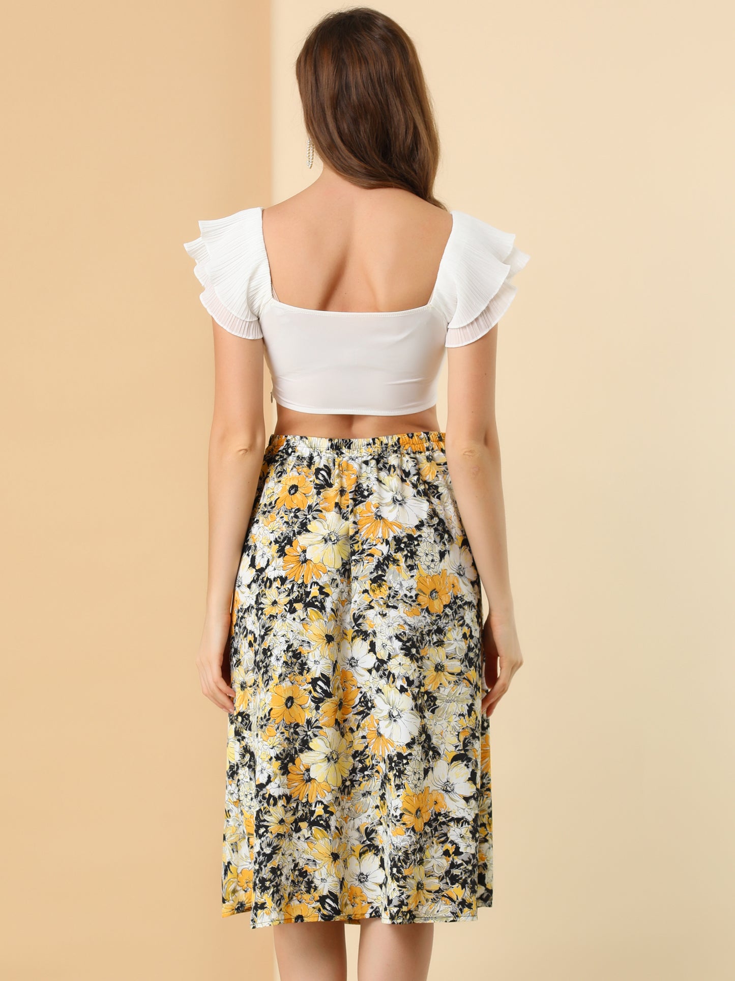 Women's Boho Floral High Waist Split A Line Midi Skirt