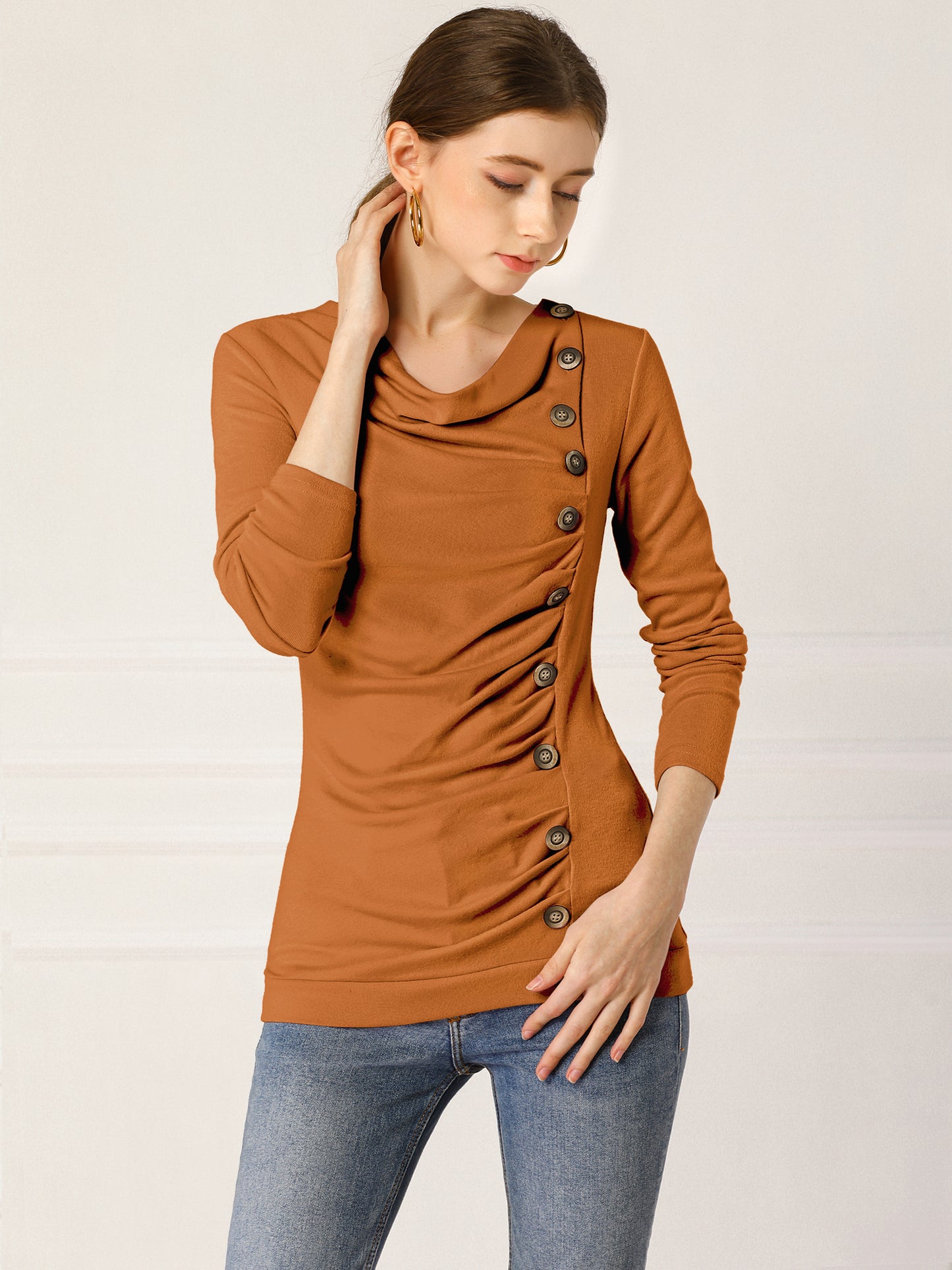 Women's Cowl Neck Long Sleeves Buttons Decor Ruched Top