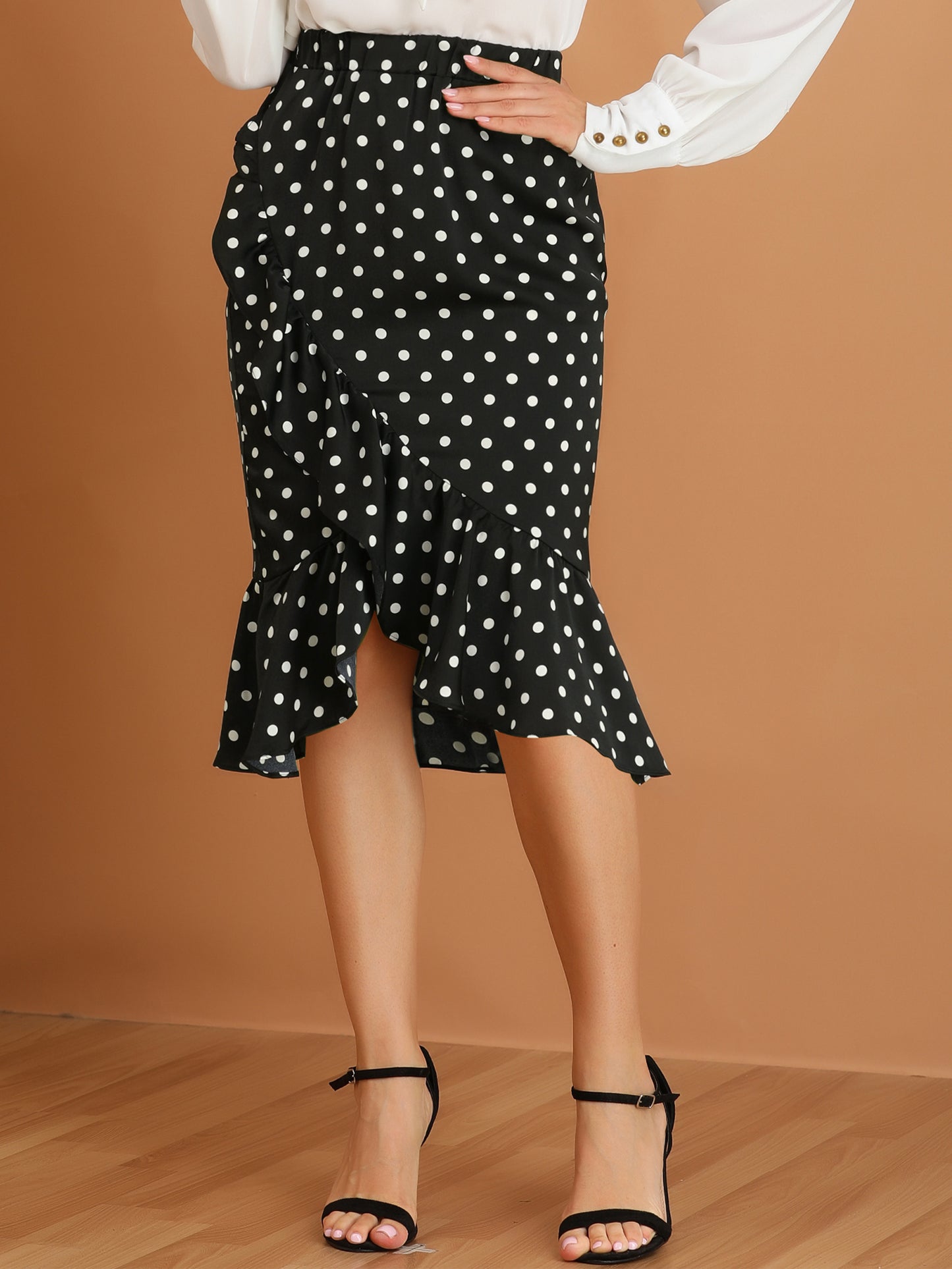 Falda asimétrica de lunares con volantes y cintura alta para mujer