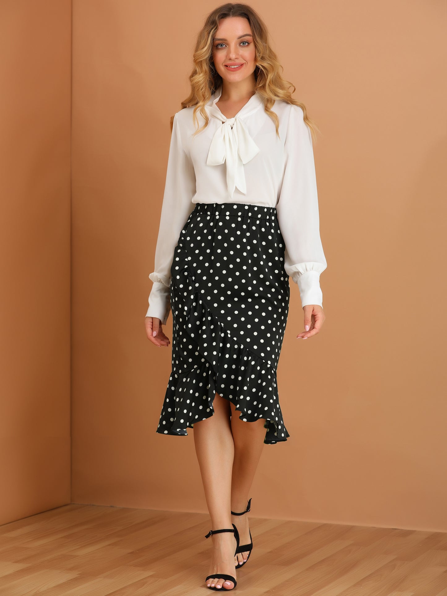 Falda asimétrica de lunares con volantes y cintura alta para mujer
