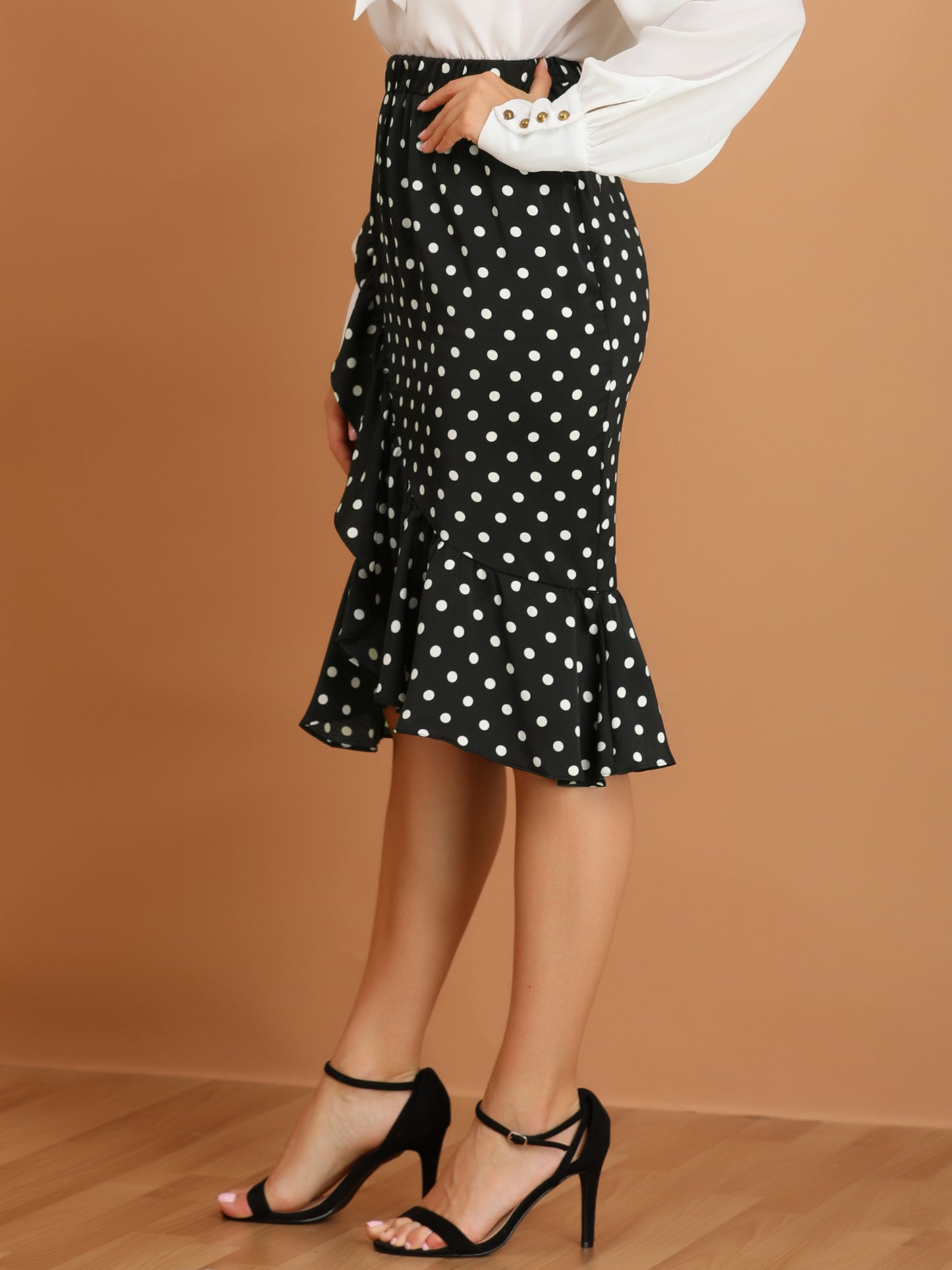 Falda asimétrica de lunares con volantes y cintura alta para mujer