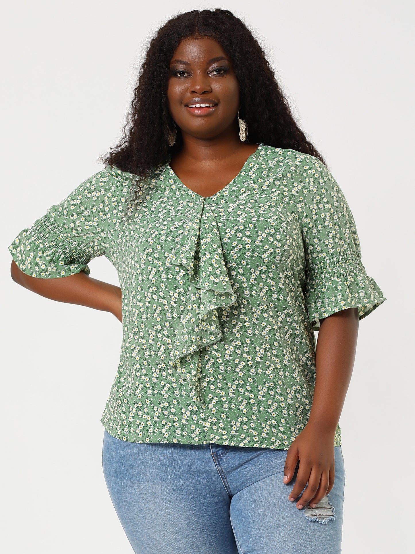 Women's Plus Size Ruffle Blouse V Neck Smocked Sleeves Top