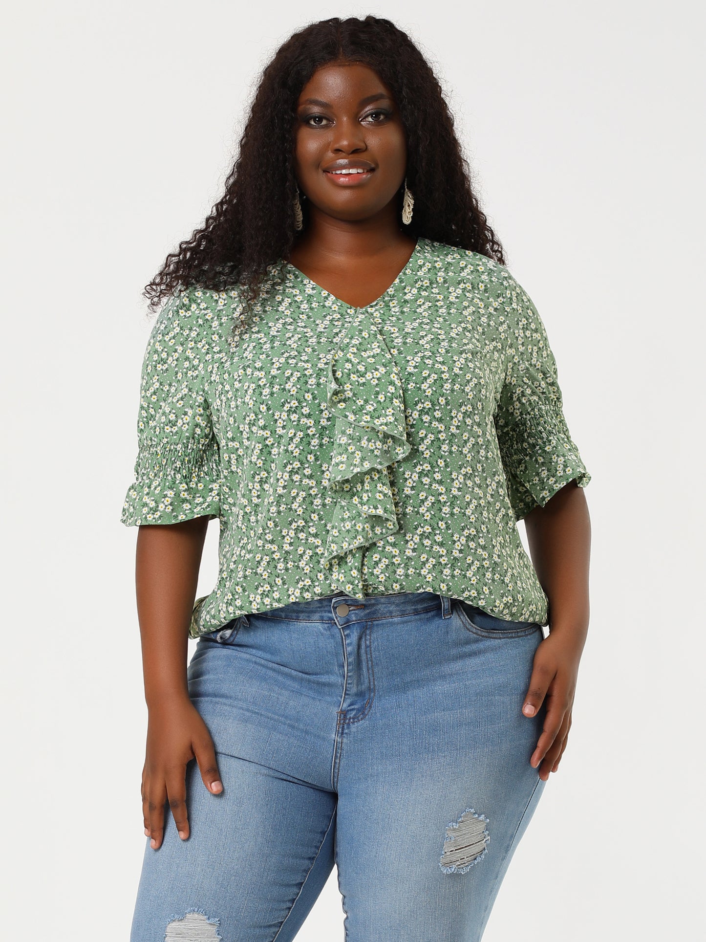 Women's Plus Size Ruffle Blouse V Neck Smocked Sleeves Top