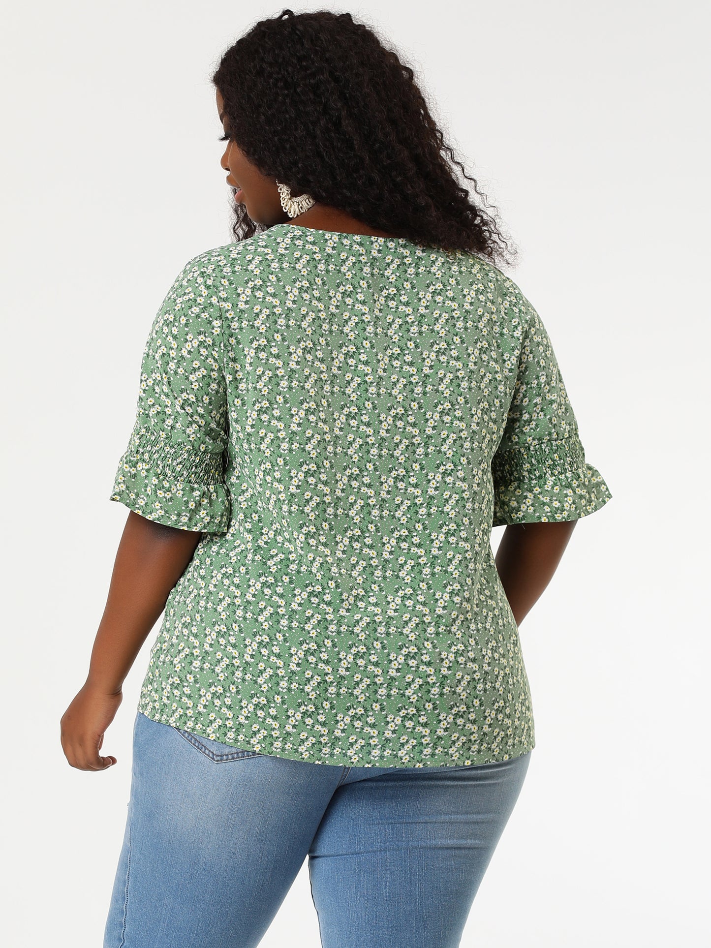 Women's Plus Size Ruffle Blouse V Neck Smocked Sleeves Top