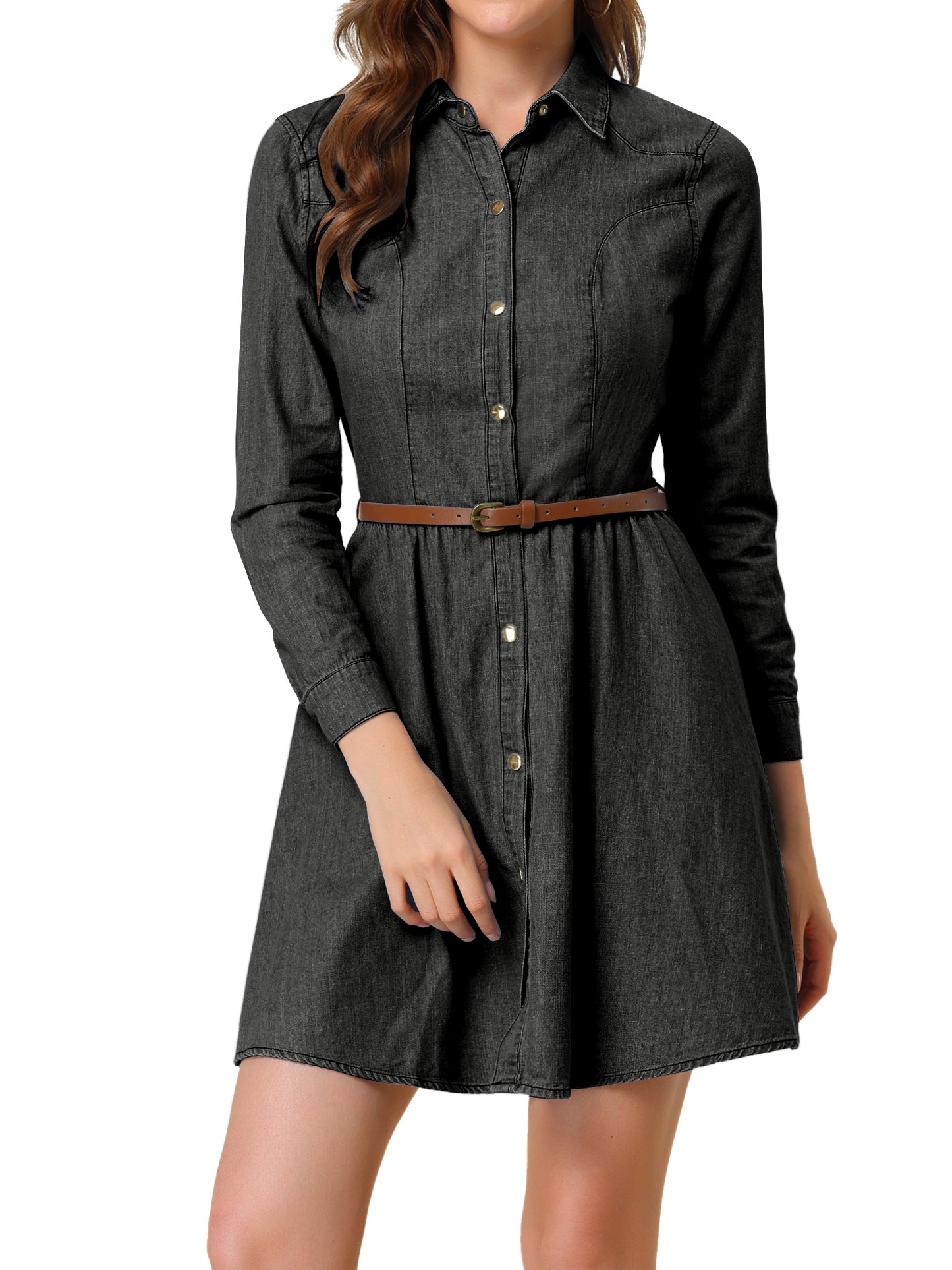 Women's Button Down Belted Pleated Flare A-Line Denim Shirt Dress