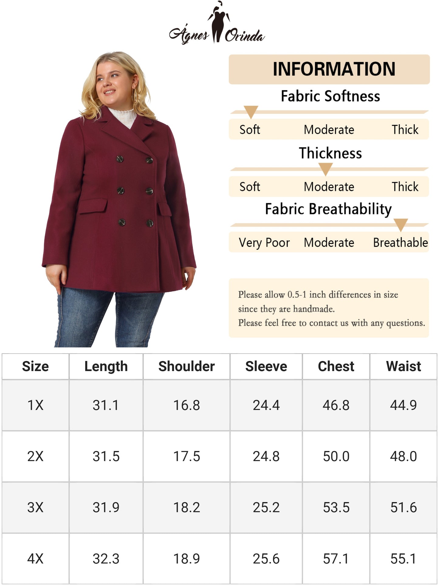 Women's Plus Size Notched Lapel Double Breasted Coat