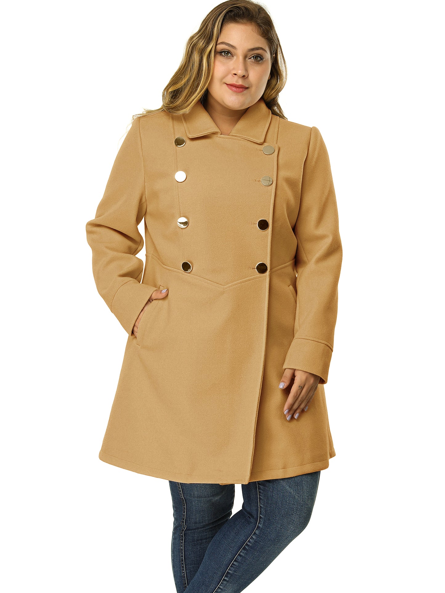 Women's Plus Size Coat A-Line Peter Pan Collar Double Breasted Fall Winter Peacoat