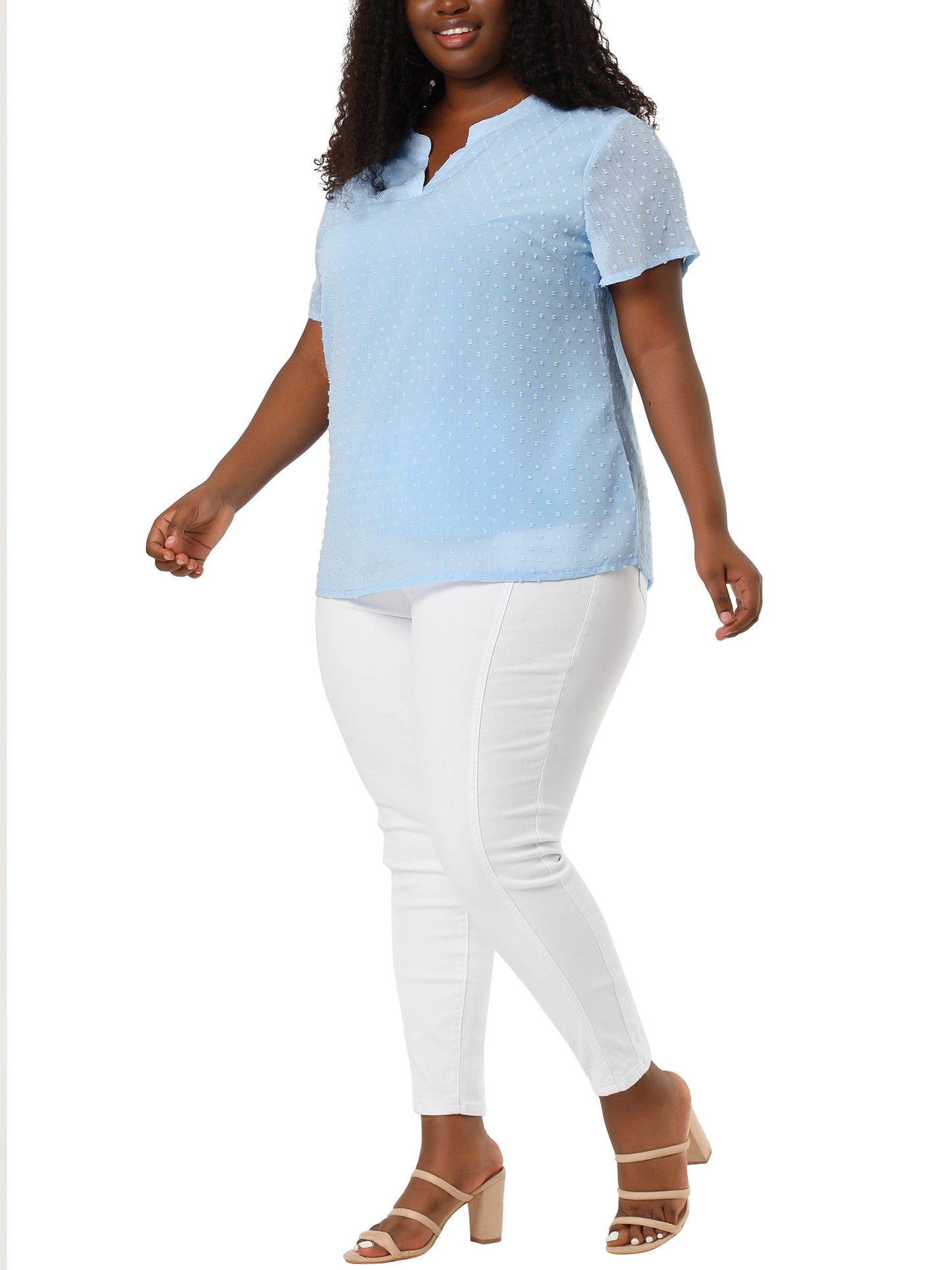 Women Plus Size Summer Top Swiss Dots Notched Neck Short Sleeve Blouse