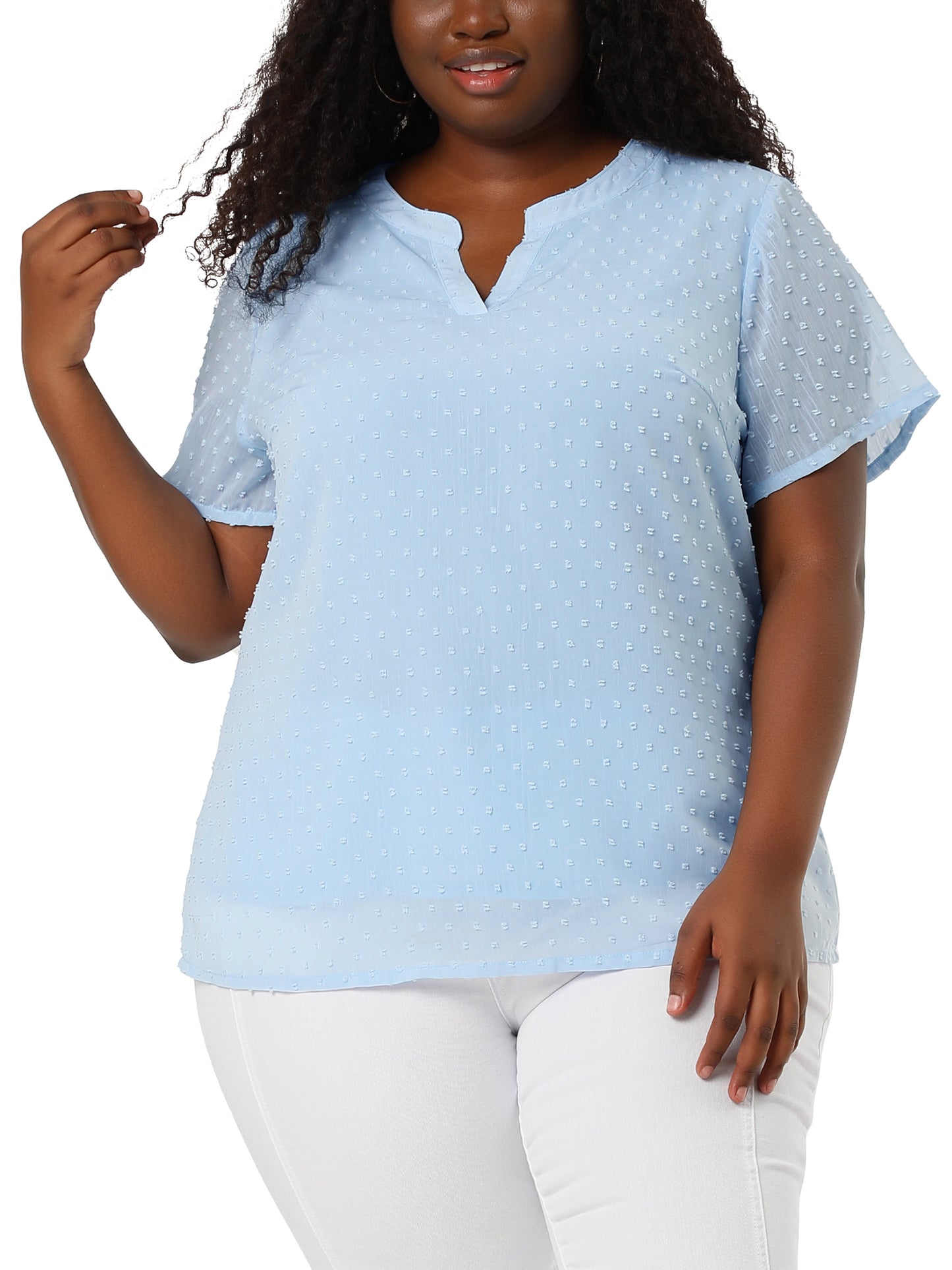 Women Plus Size Summer Top Swiss Dots Notched Neck Short Sleeve Blouse
