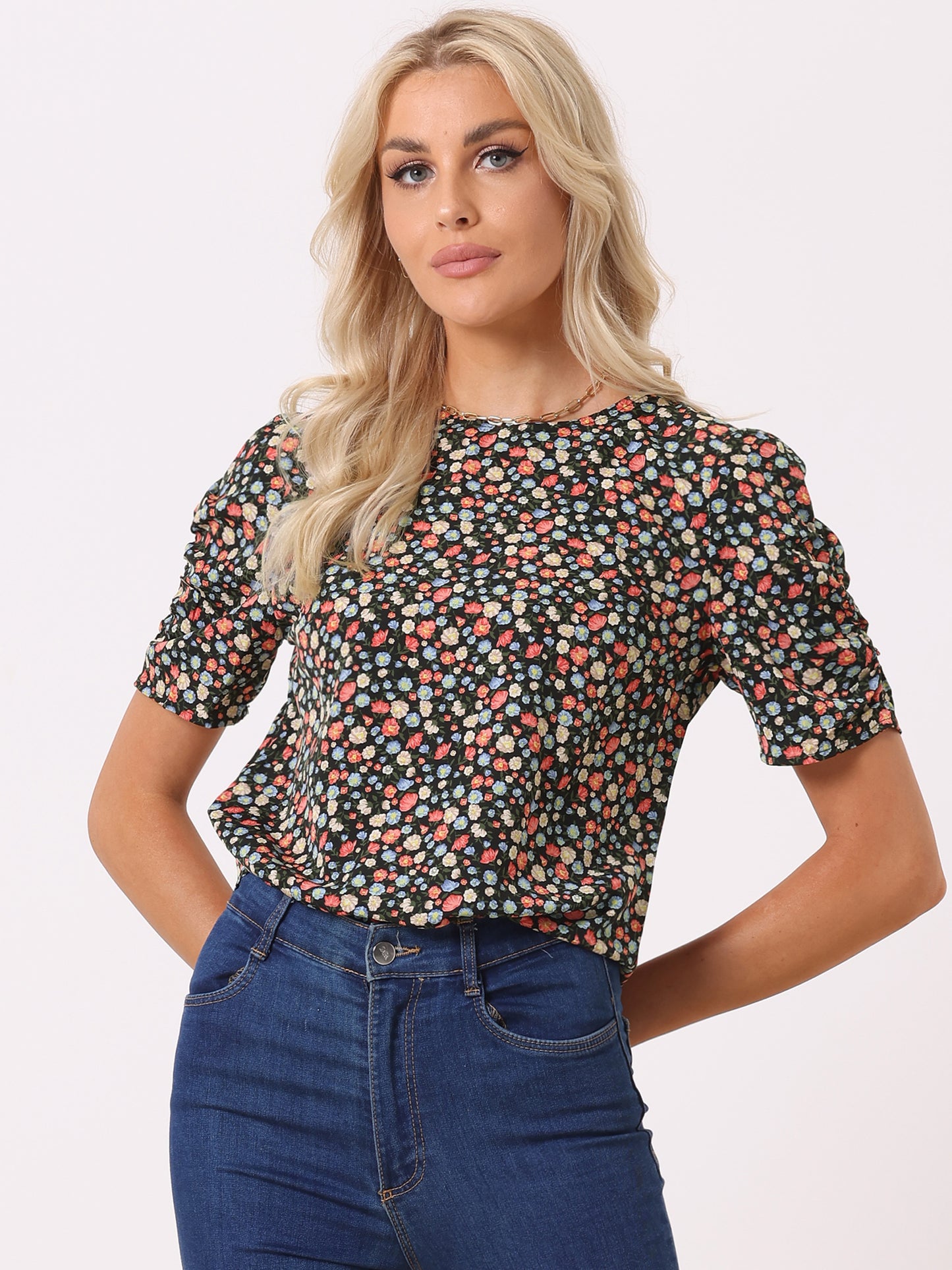Women's Floral Crew Neck Summer Shirred Short Sleeve Blouse