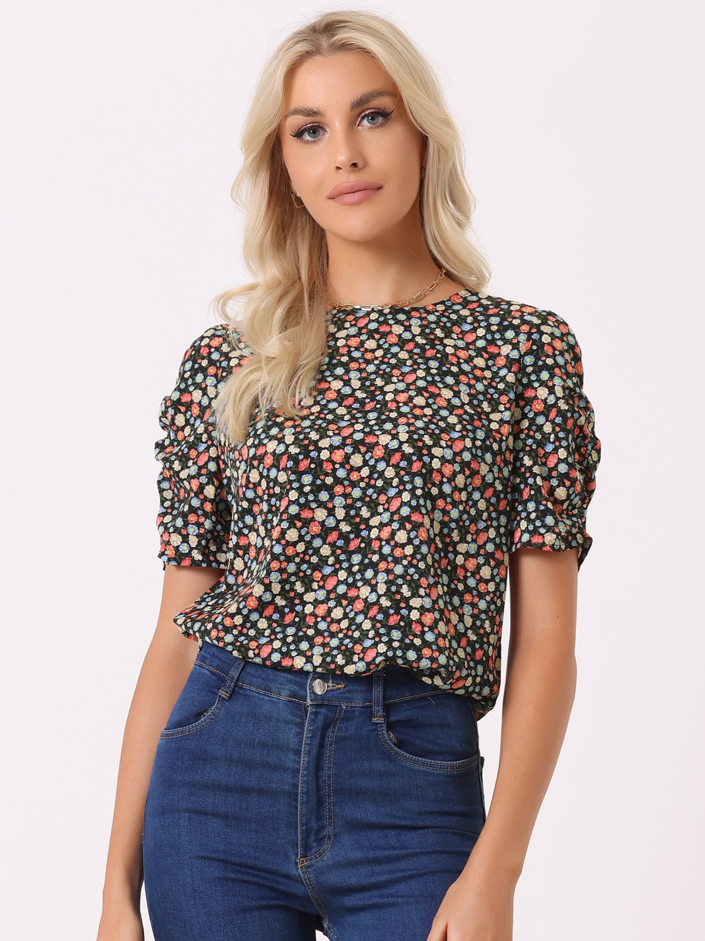Women's Floral Crew Neck Summer Shirred Short Sleeve Blouse