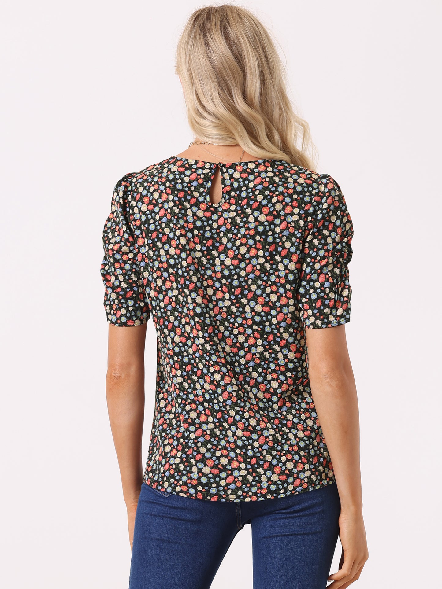 Women's Floral Crew Neck Summer Shirred Short Sleeve Blouse
