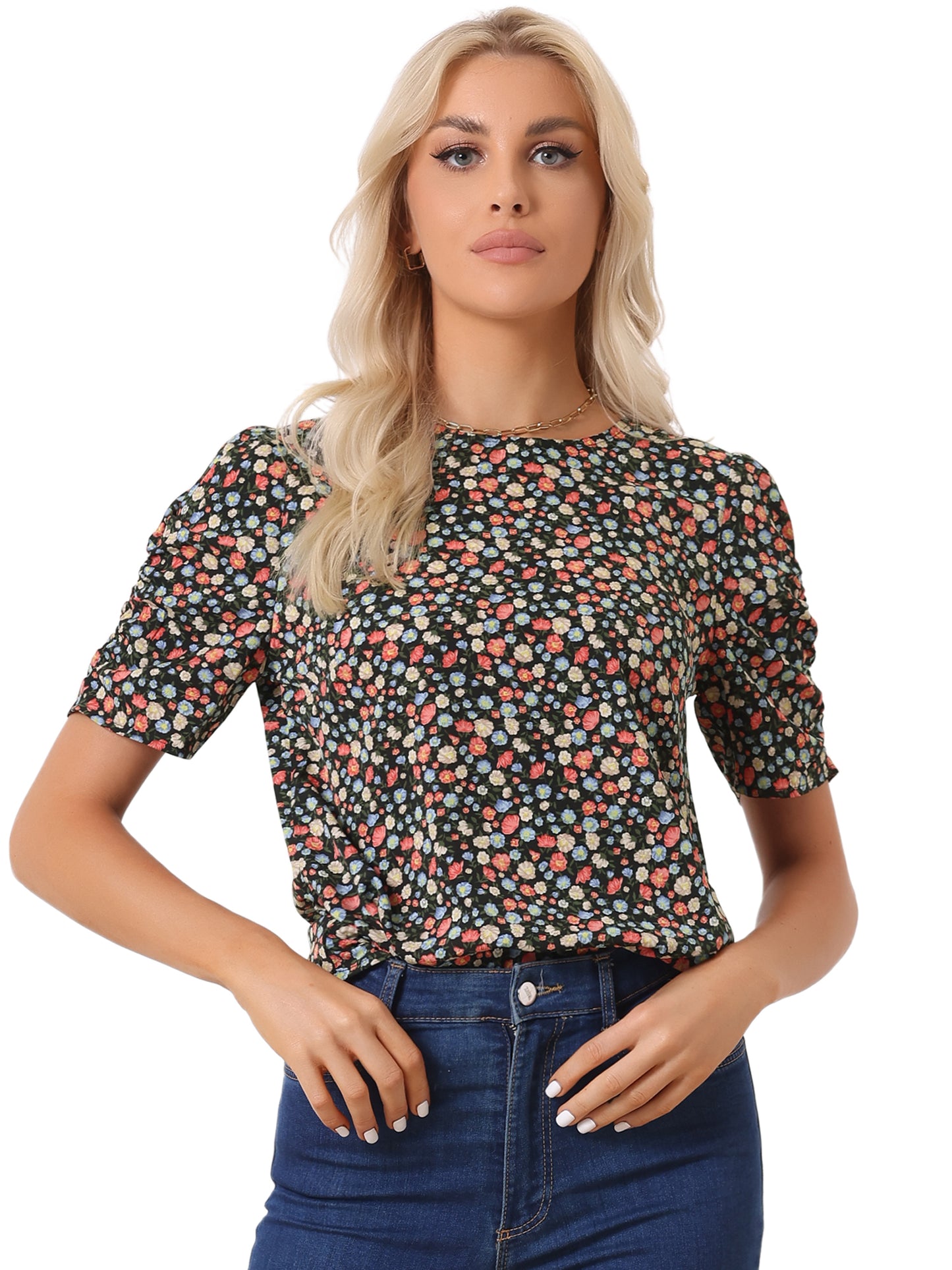 Women's Floral Crew Neck Summer Shirred Short Sleeve Blouse