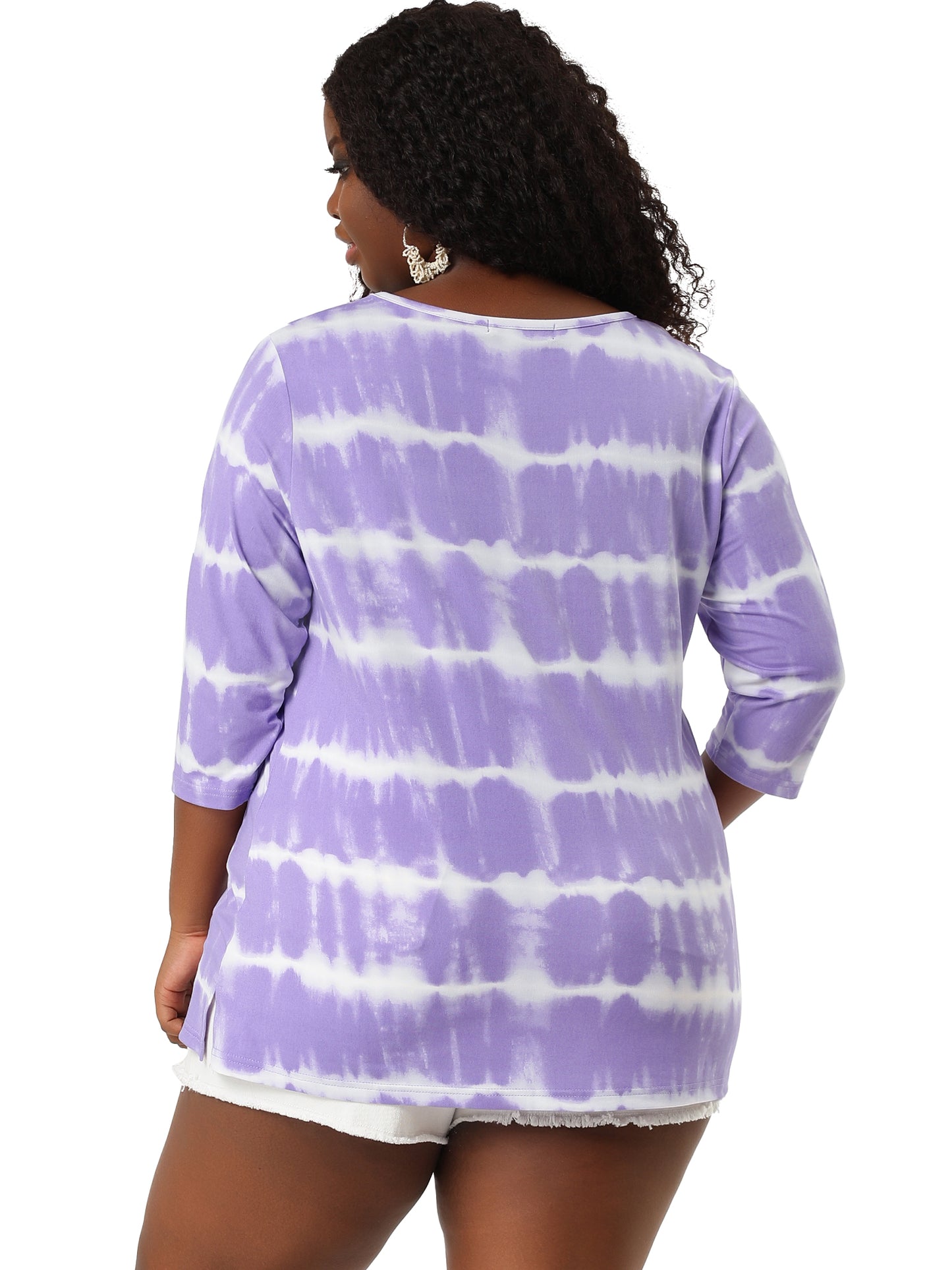 Women Plus Size T Shirt V Neck 3/4 Sleeve Loose Casual Blouse Striped Tie Dye Print