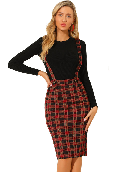 Women's Plaid Overall Pencil Braces Suspender Skirt
