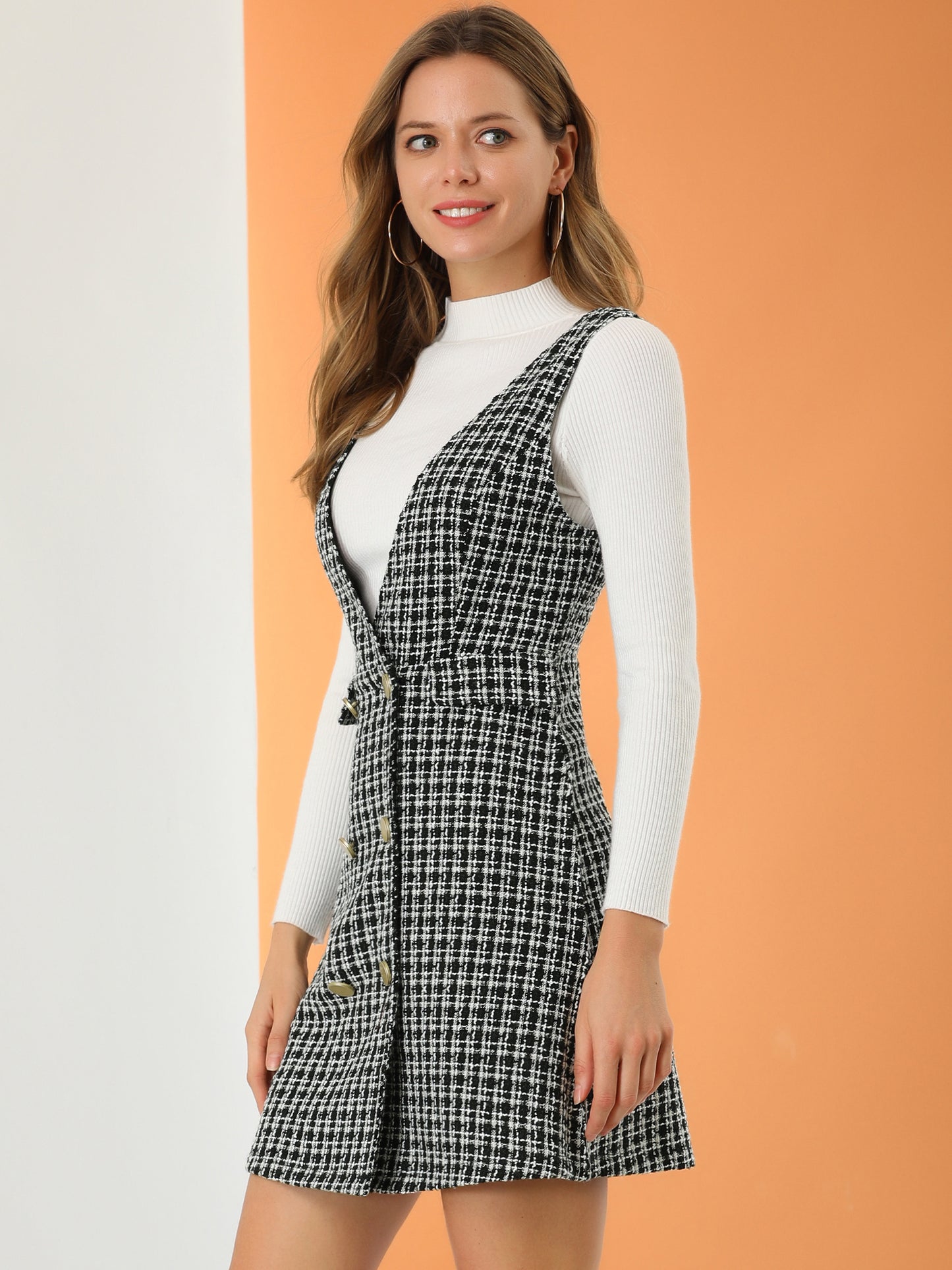 Vestido estilo pichi de tweed a cuadros con cuello en V y botones delanteros estilo retro para mujer
