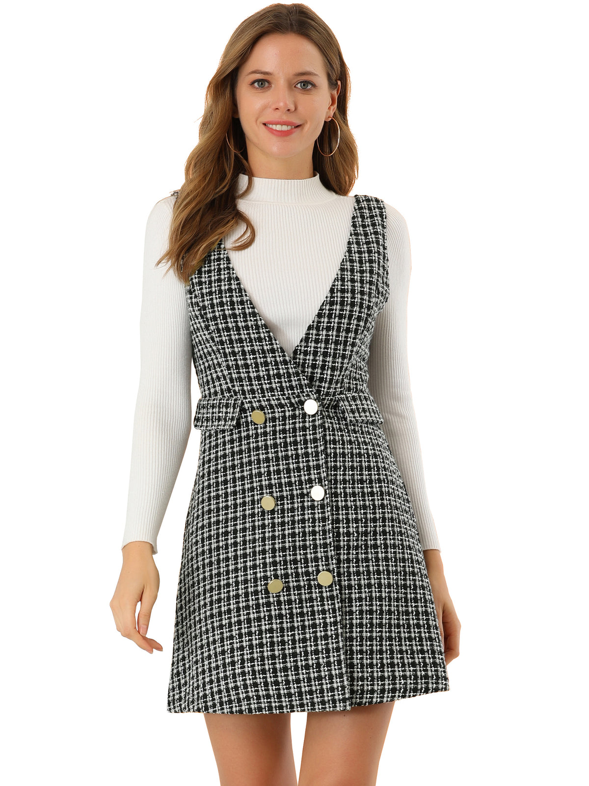 Women's Elegant Retro Button Front V Neck Plaid Tweed Overalls Pinafore Dress