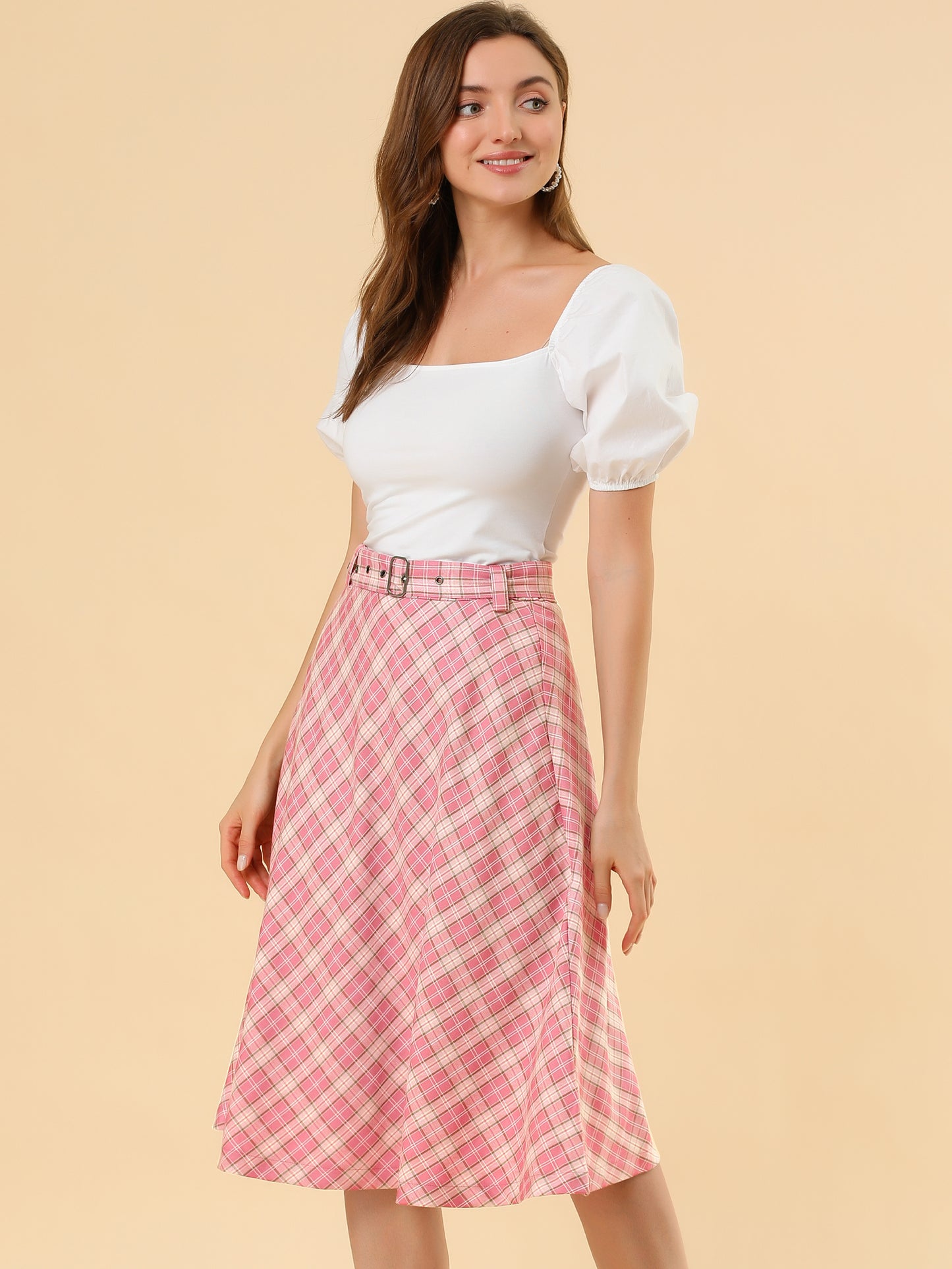 Women's Tartan Plaid High Waist Belted Vintage A-Line Midi Skirt