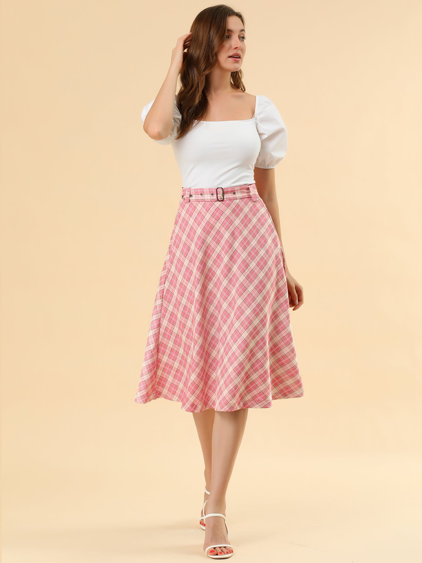 Women's Tartan Plaid High Waist Belted Vintage A-Line Midi Skirt