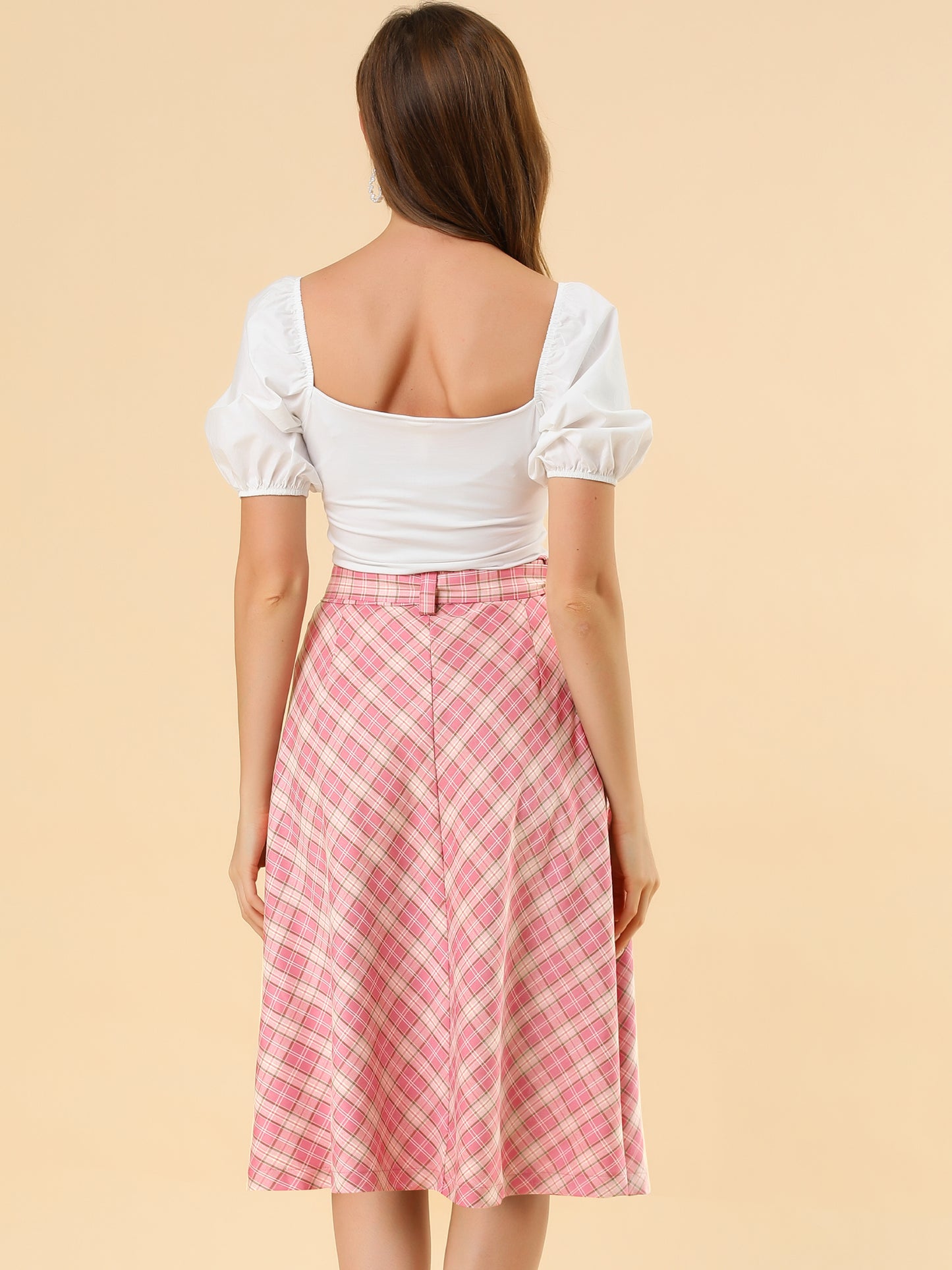 Women's Tartan Plaid High Waist Belted Vintage A-Line Midi Skirt