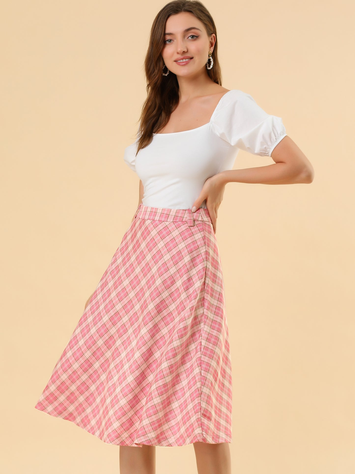 Women's Tartan Plaid High Waist Belted Vintage A-Line Midi Skirt