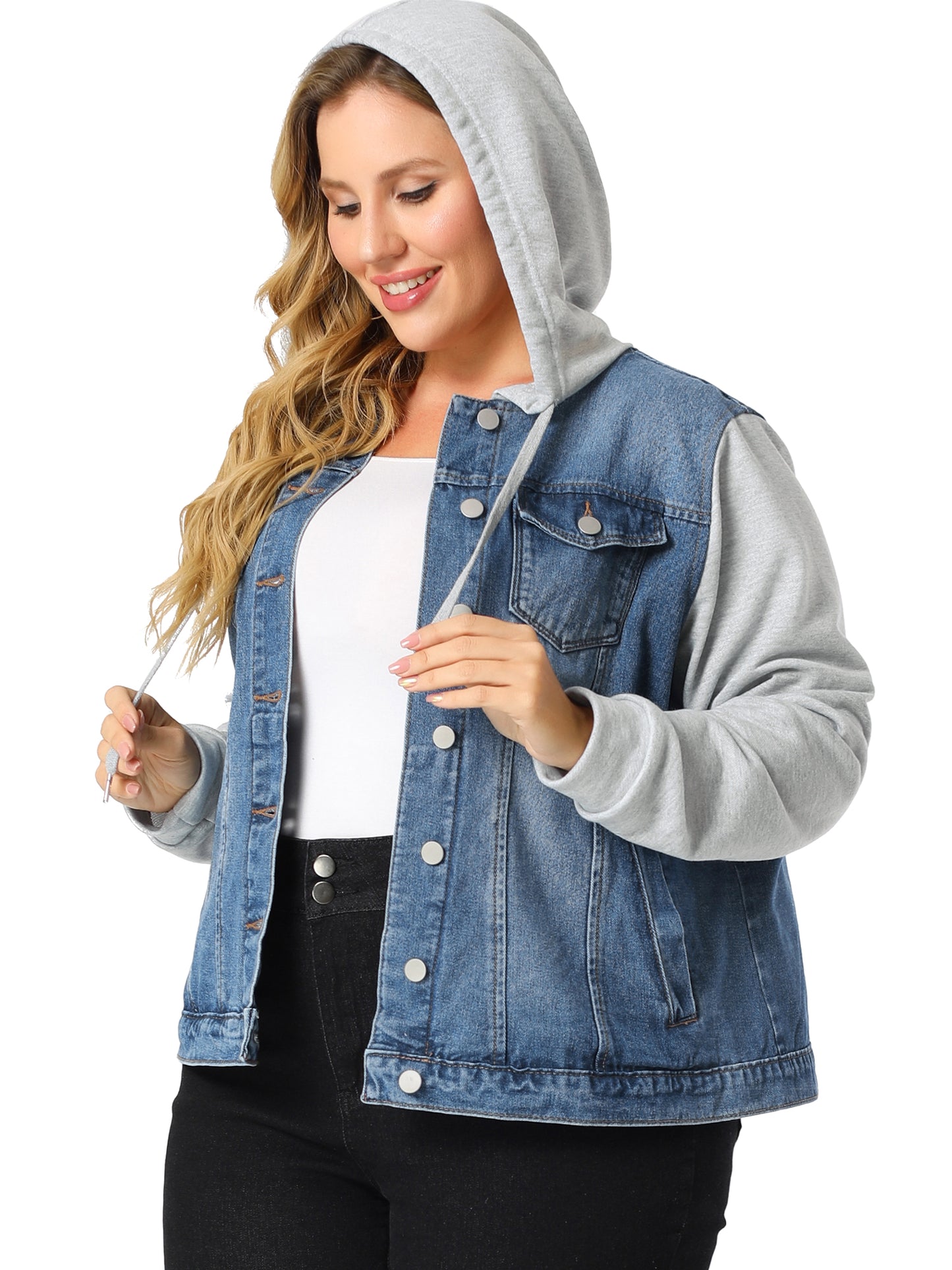 Chaqueta vaquera de talla grande para mujer con capucha, manga larga, estilo western, informal, con capucha, chaqueta vaquera