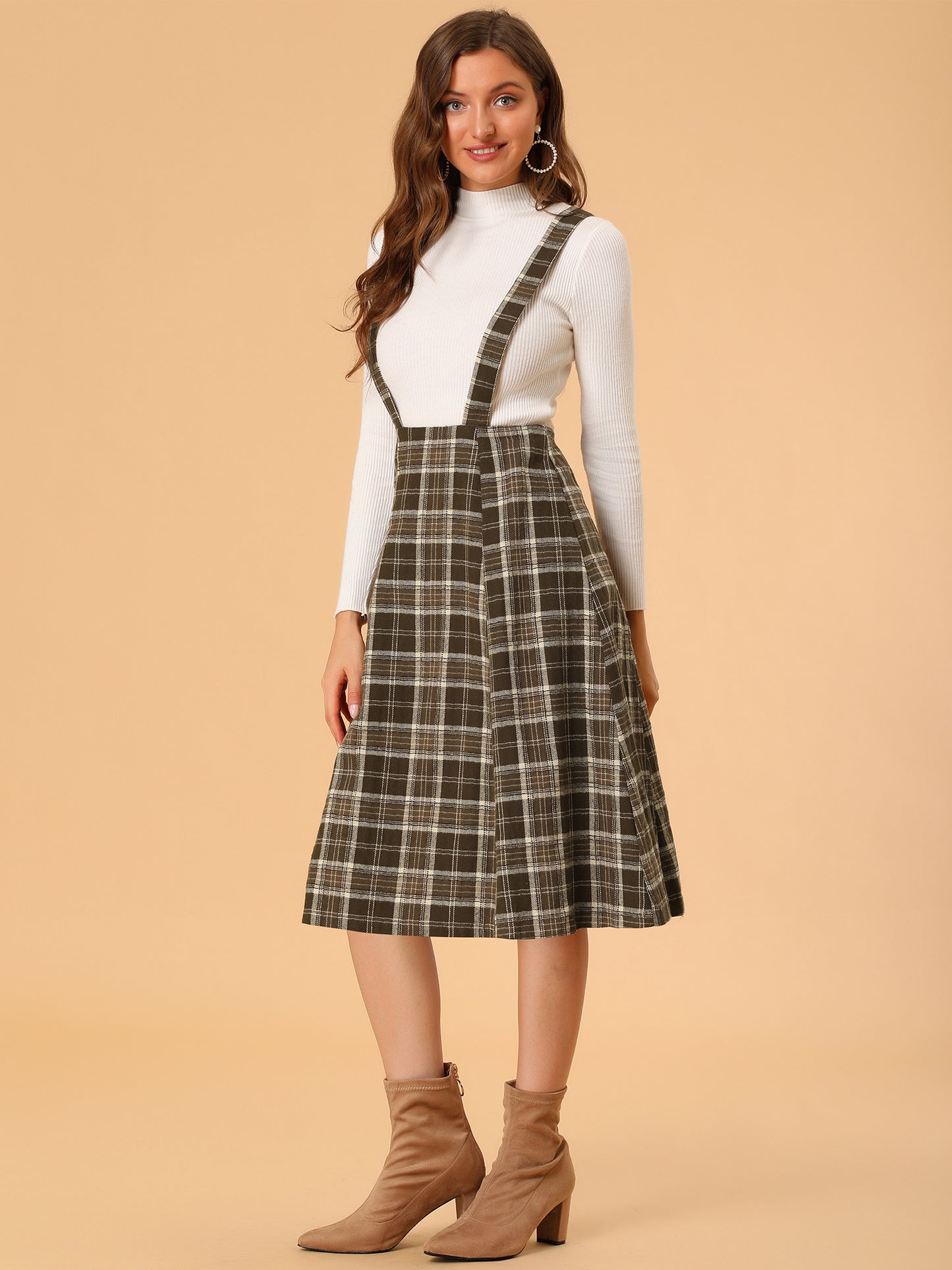Falda de cuadros escoceses con tirantes para mujer, estilo vintage, de cintura alta, corte A, vestido midi