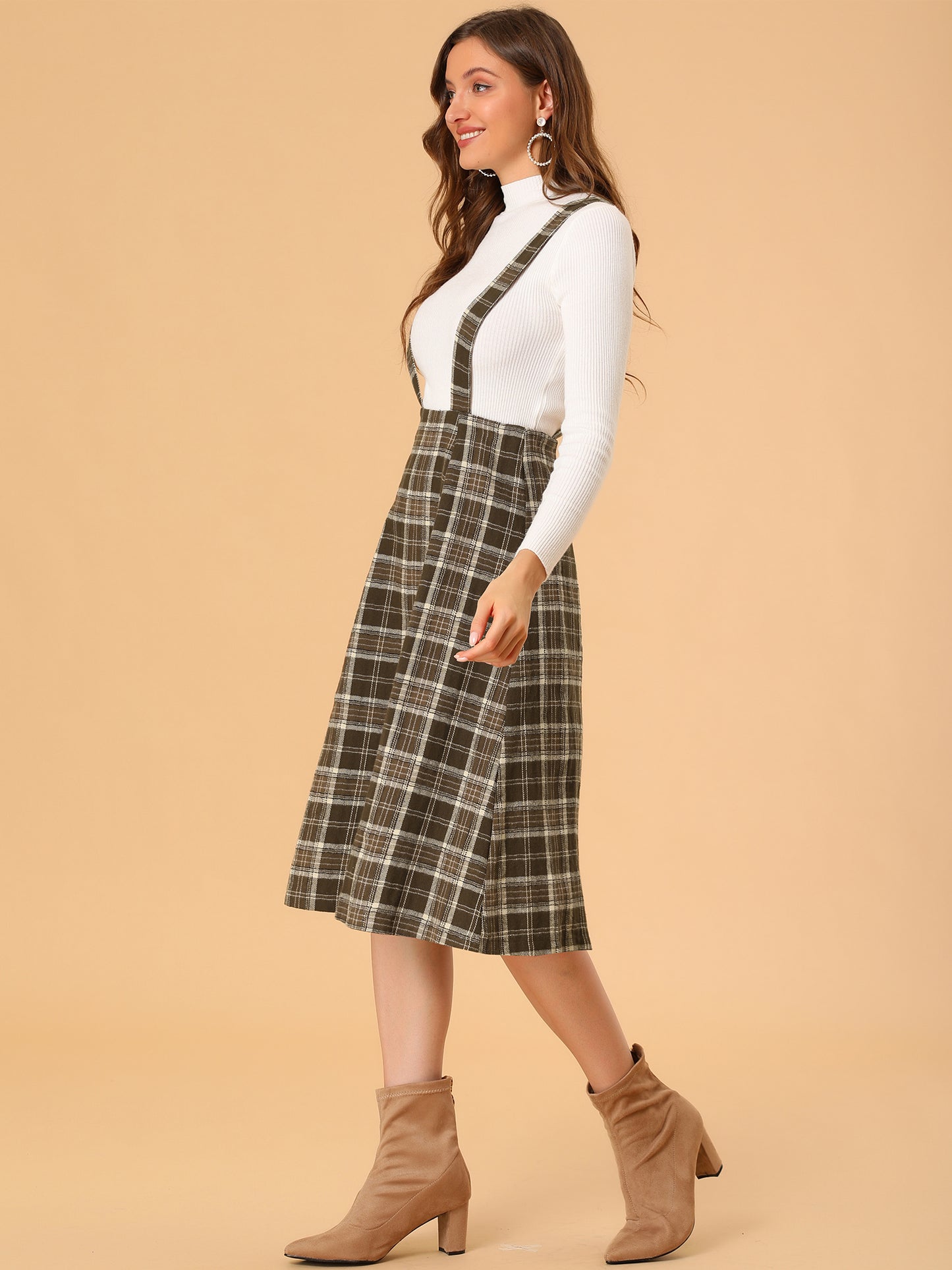 Falda de cuadros escoceses con tirantes para mujer, estilo vintage, de cintura alta, corte A, vestido midi